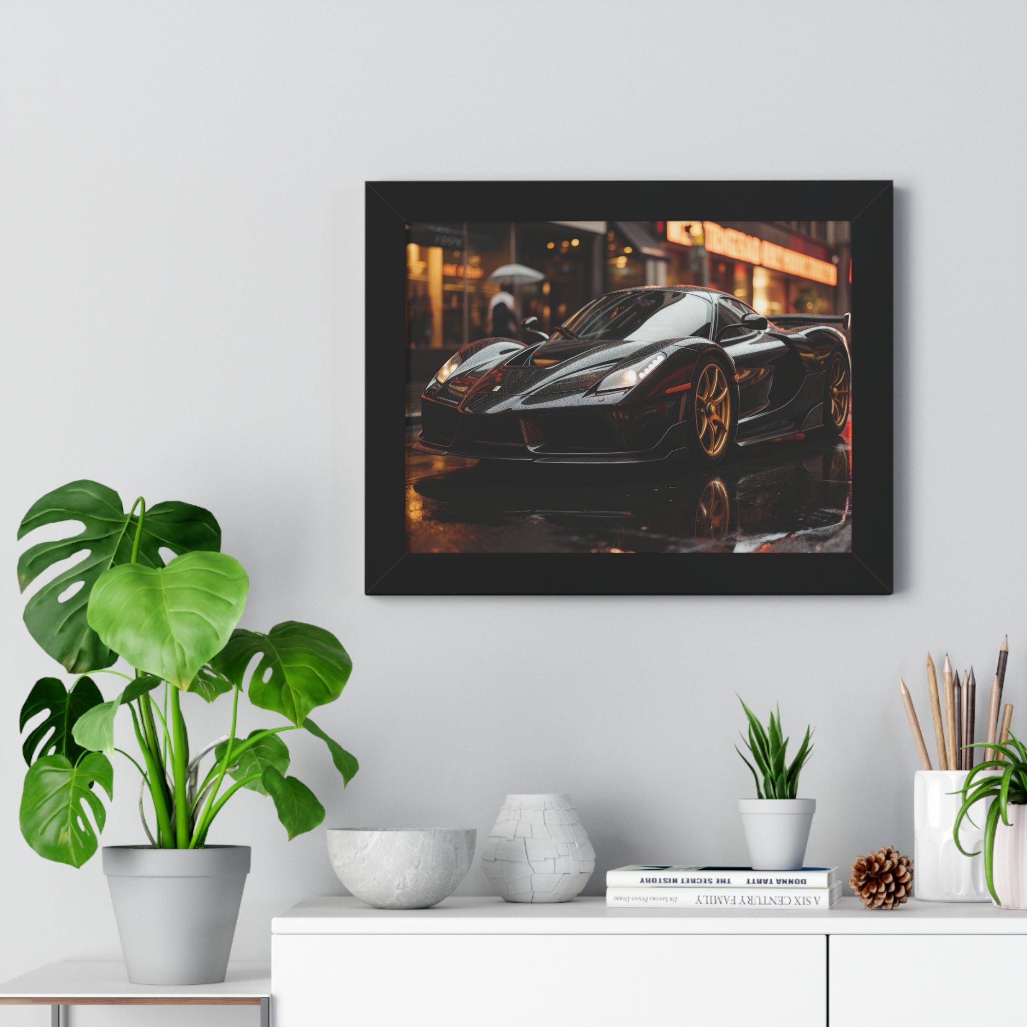 Framed Black Ferrari F50 Poster – Bold Automotive Statement Piece