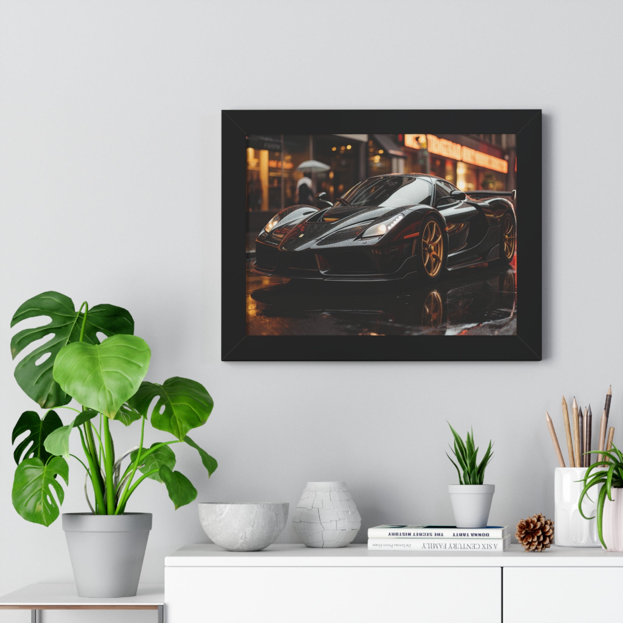Framed Black Ferrari F50 Poster – Bold Automotive Statement Piece