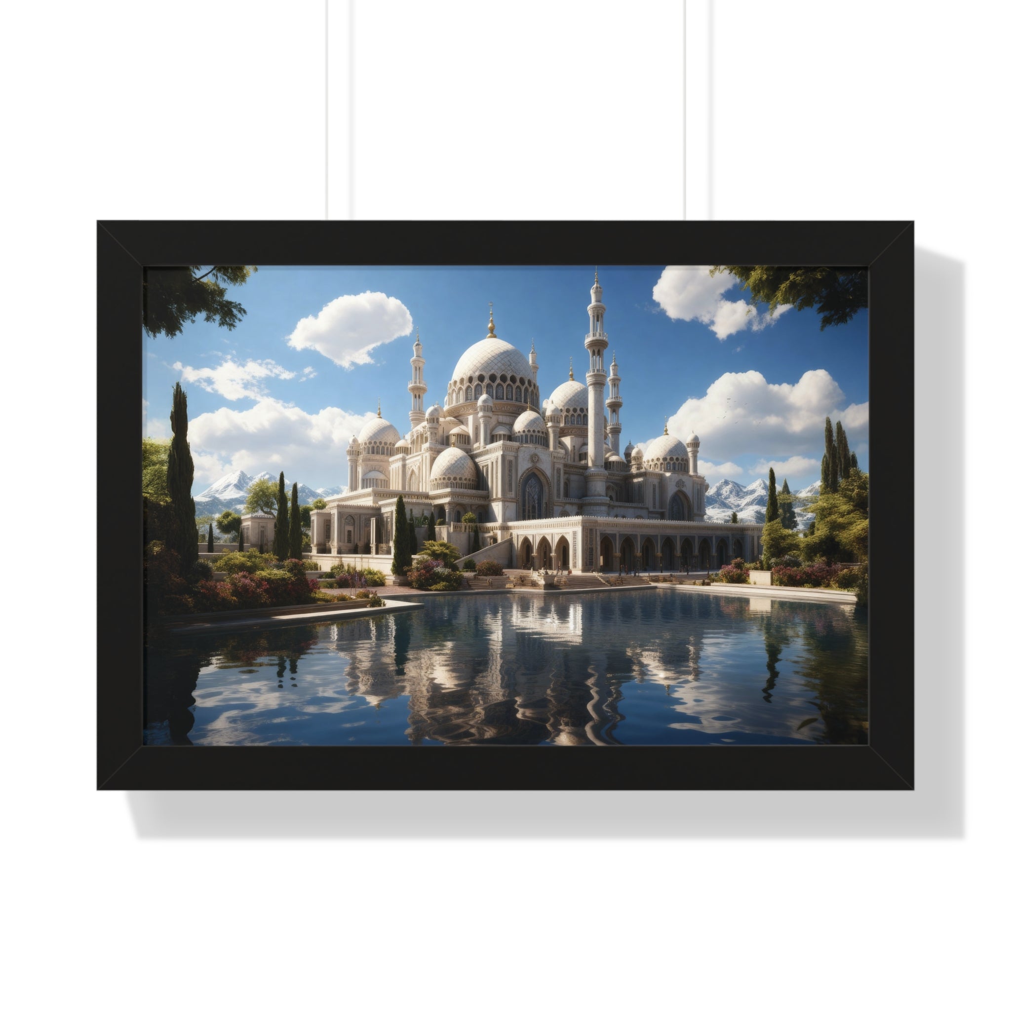 Reflections of Faith – Framed Islamic Mosque Wall Art with Scenic Lake & Mountain Backdrop