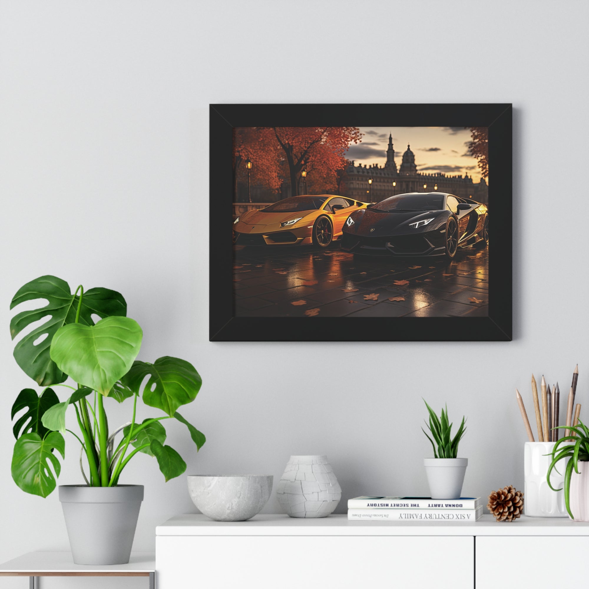 Gold Lamborghini Huracán and a Black Lamborghini Aventador – Premium Framed Print
