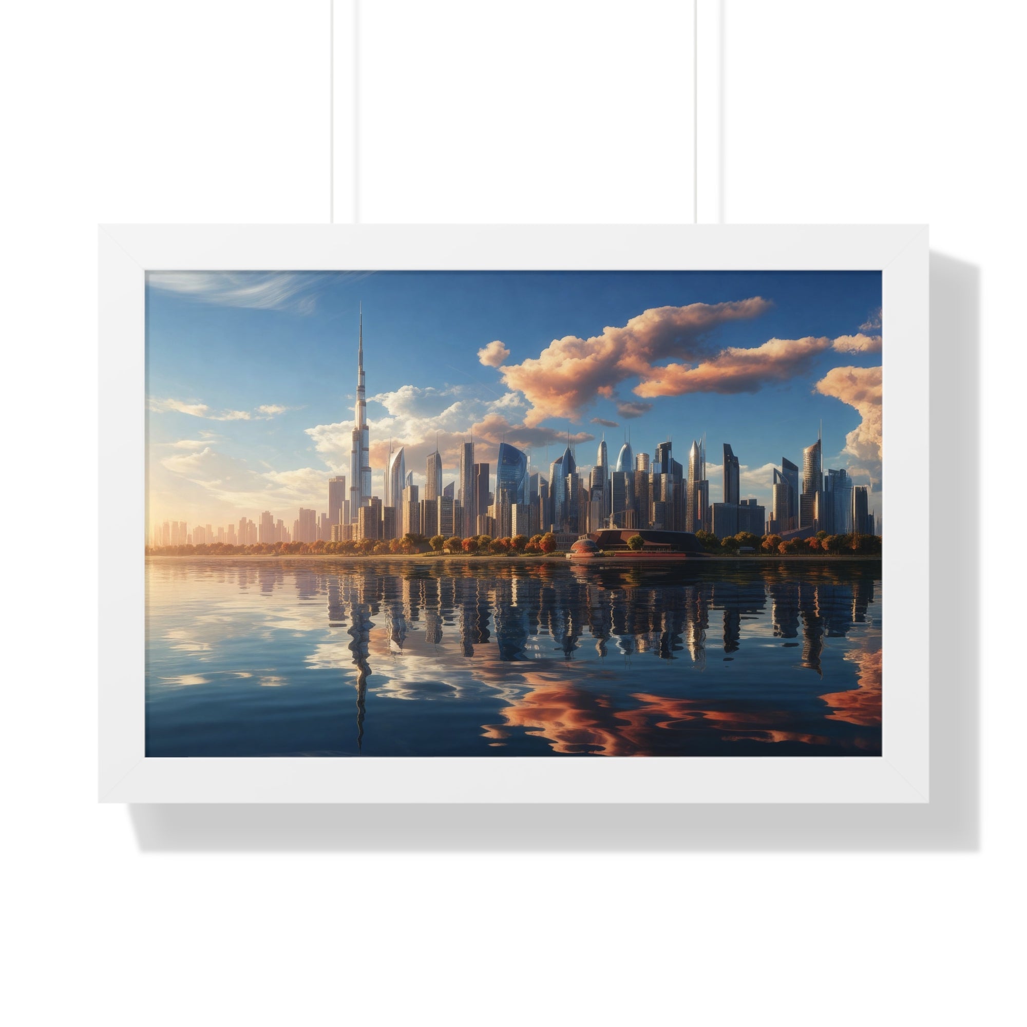 Framed Dubai Sunset Cityscape – Luxury Wall Art with Burj Khalifa for Elegant Interiors
