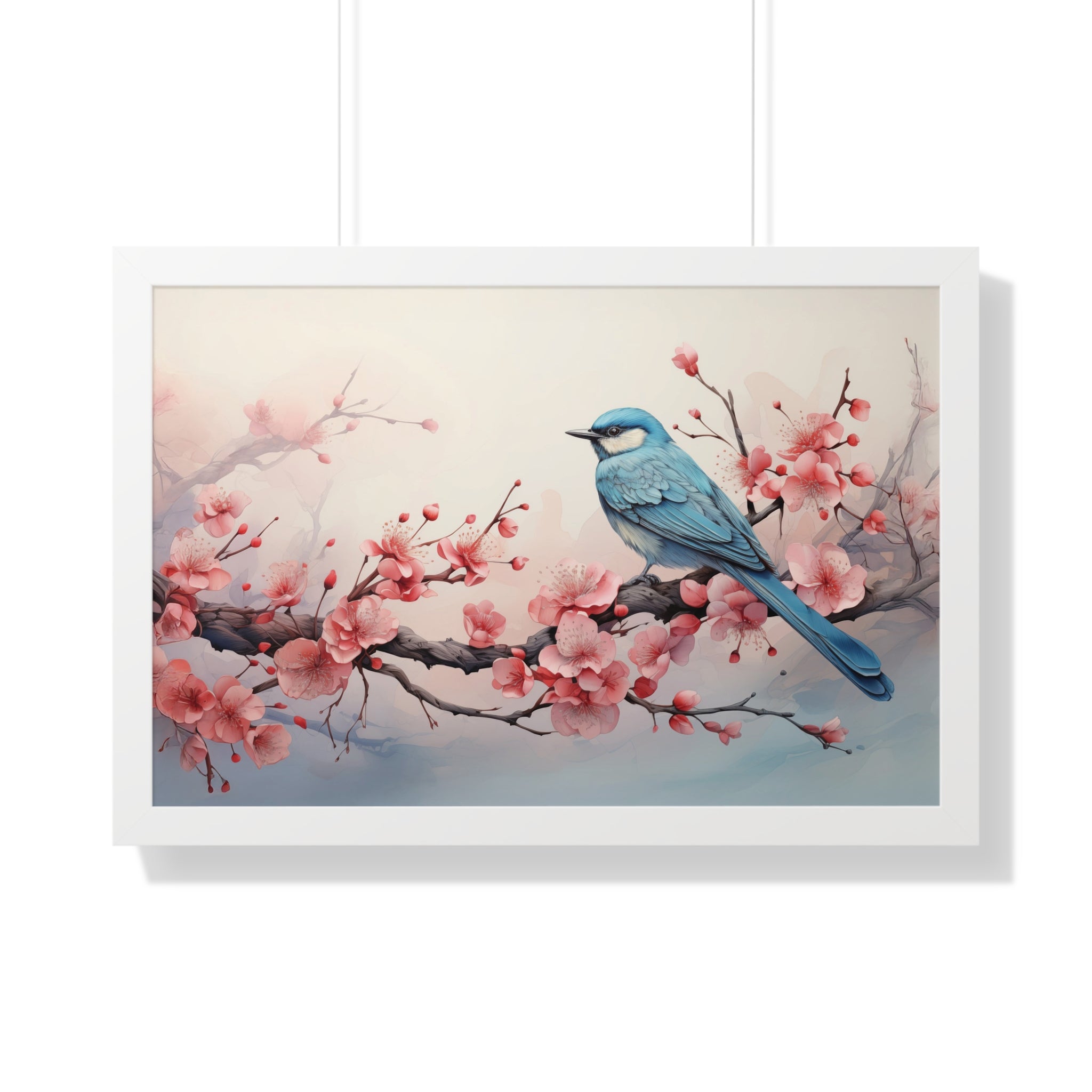 Blue Jay in Bloom  Botanical Wall Art with Cherry Blossoms