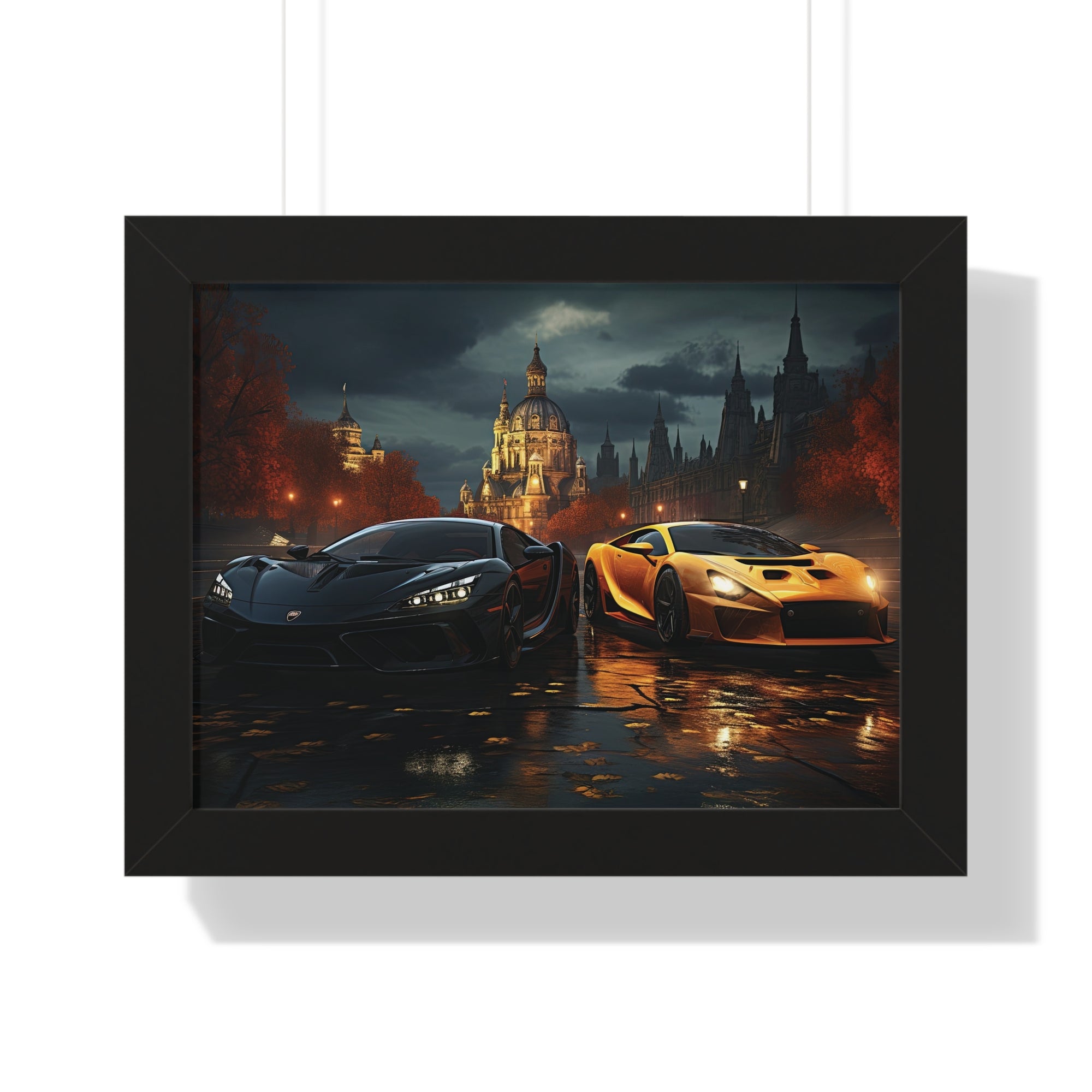 Two Lamborghinis set outside a illuminated Grand Building under a Cloudy Sky