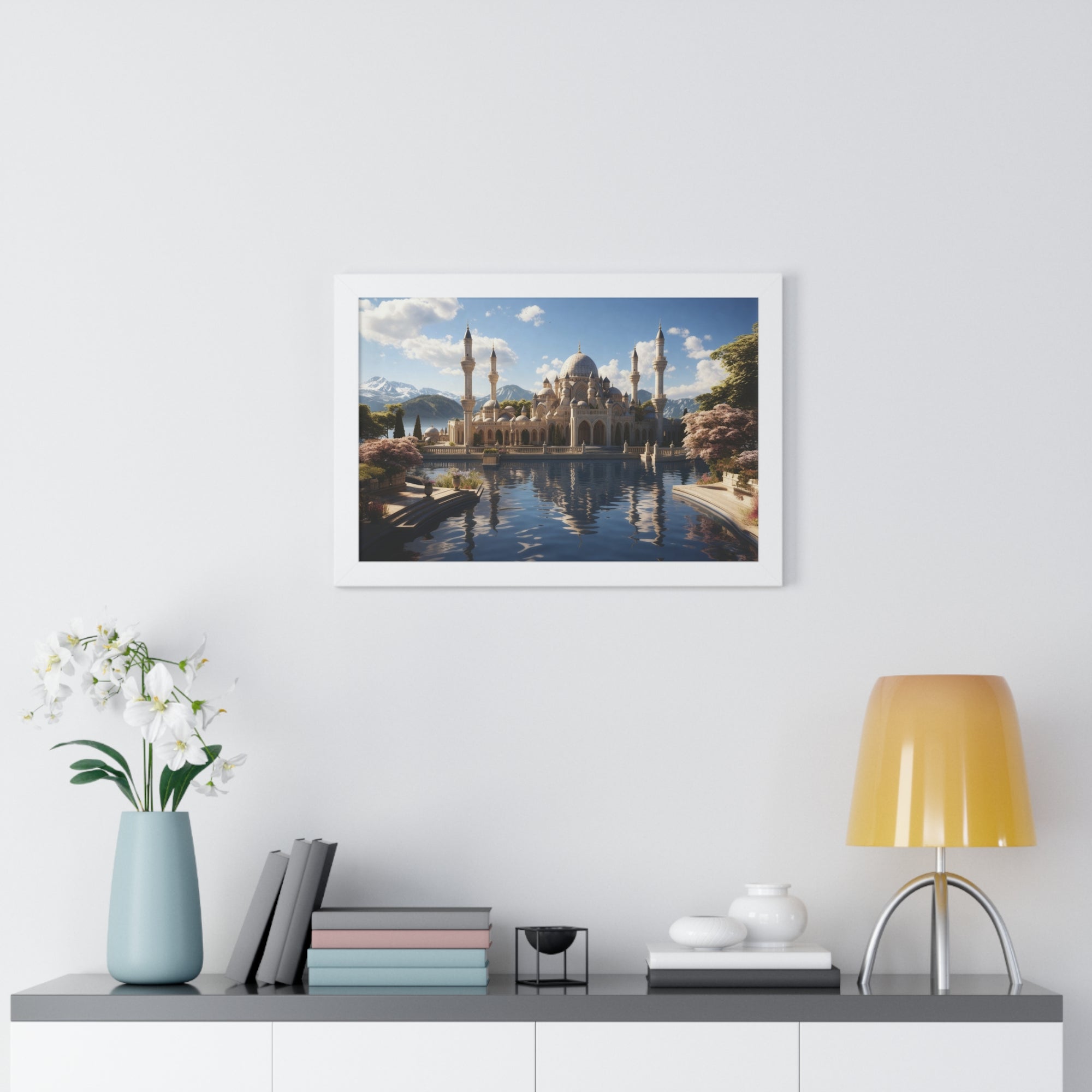 Mirrored Tranquility – Framed Mosque by the Lake Wall Art