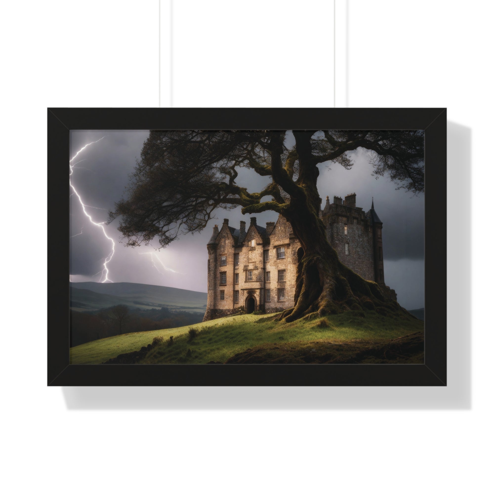 Haunted Scottish Castle Wall Art – Lightning Storm & Ancient Tree Landscape Print