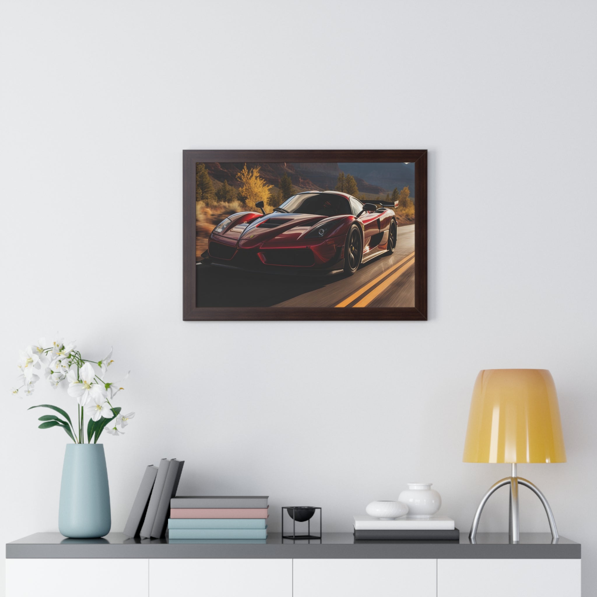 Red Ferrari F50 – Framed Poster in Majestic Mountain Setting