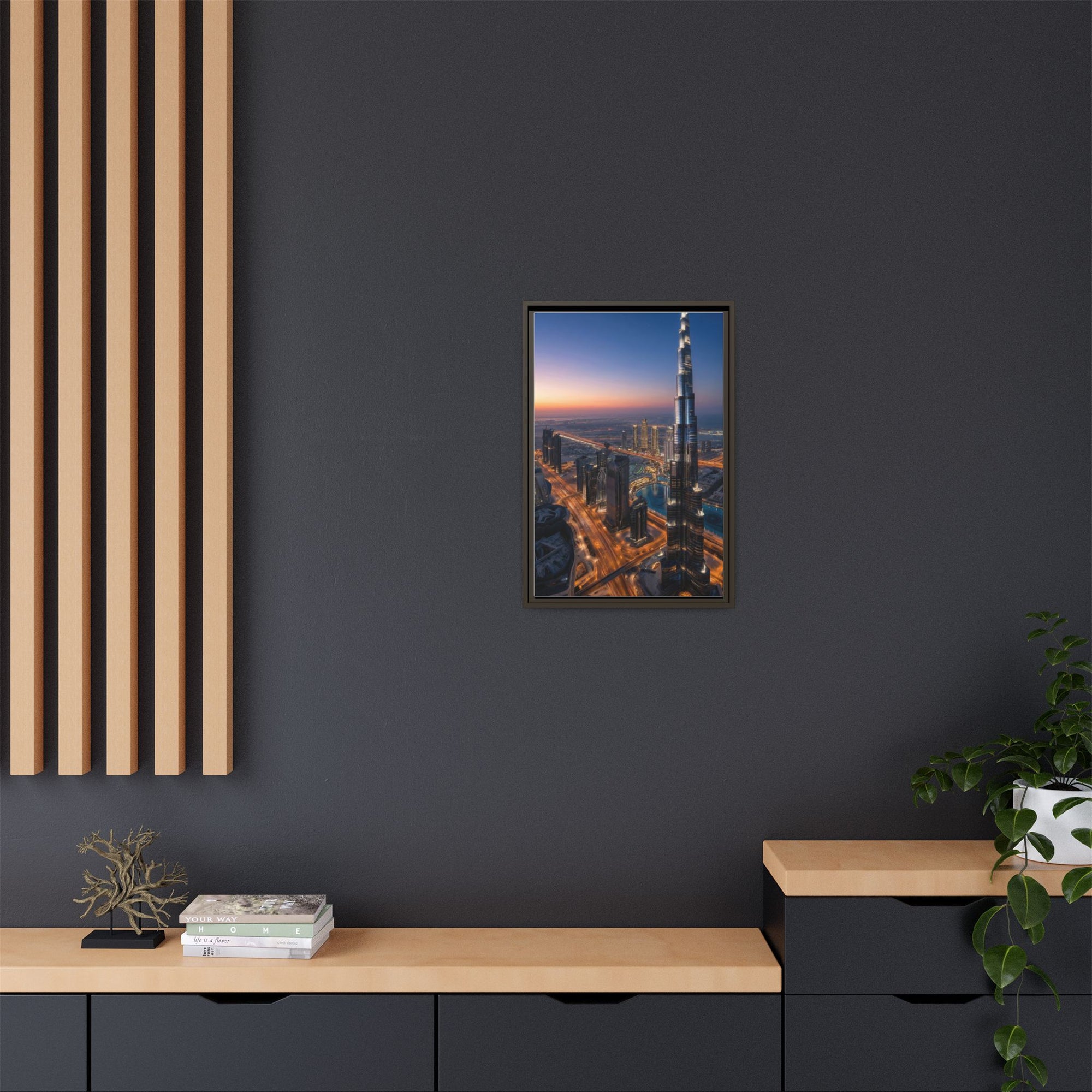 Framed Dubai Skyline at Dusk – Stunning Cityscape Wall Art
