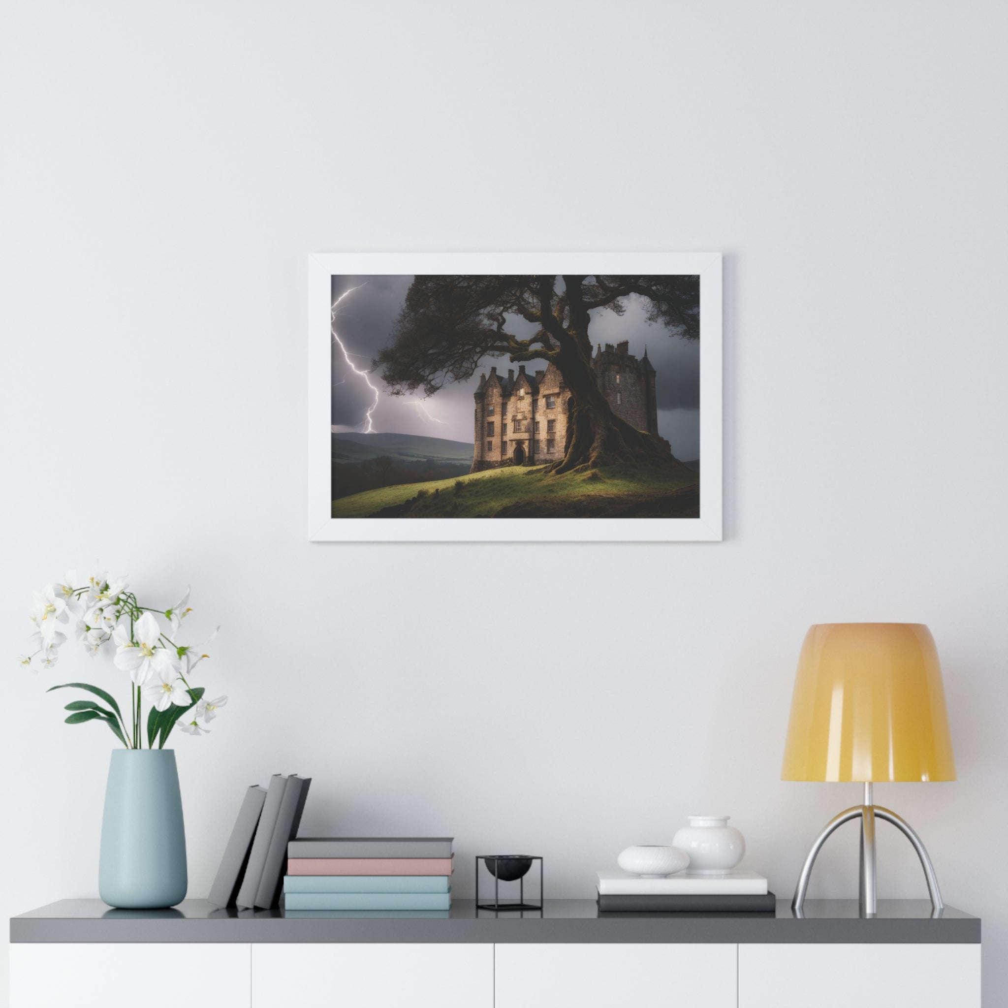 Haunted Scottish Castle Wall Art – Lightning Storm & Ancient Tree Landscape Print