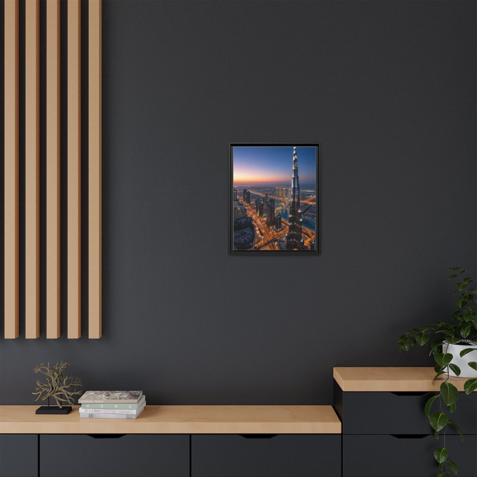 Framed Dubai Skyline at Dusk – Stunning Cityscape Wall Art