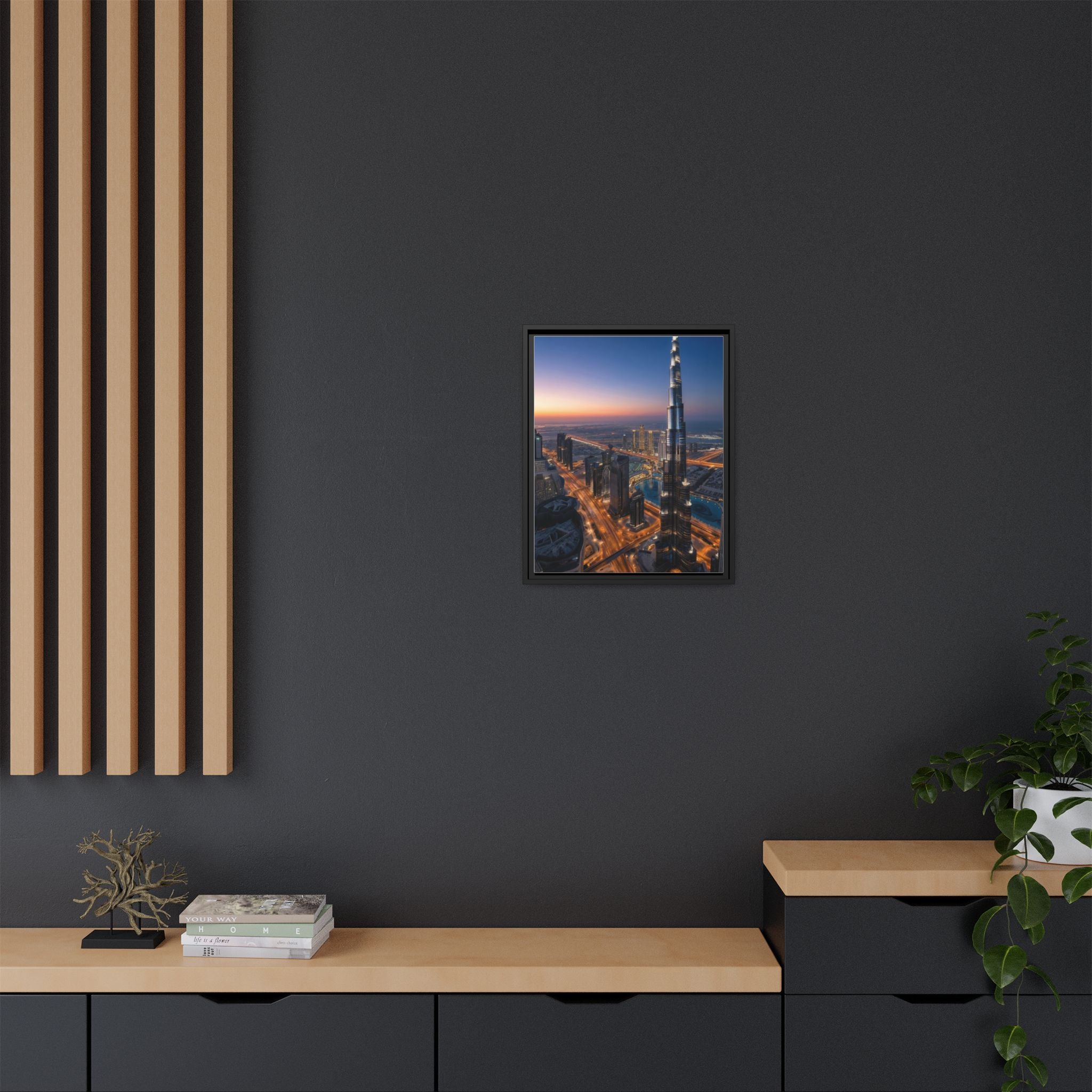 Framed Dubai Skyline at Dusk – Stunning Cityscape Wall Art