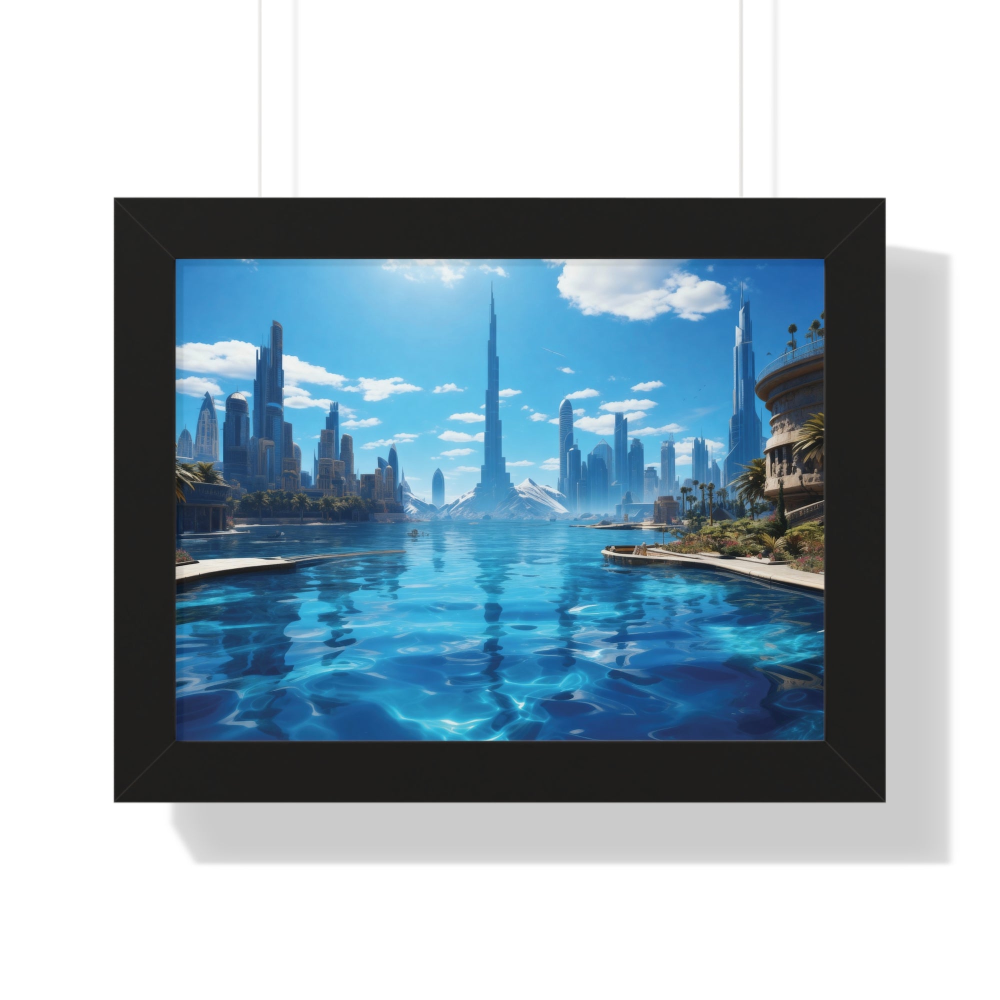 Futuristic Waterfront Skyline – Framed Wall Art with Palm Trees & Ultra-Modern Architecture