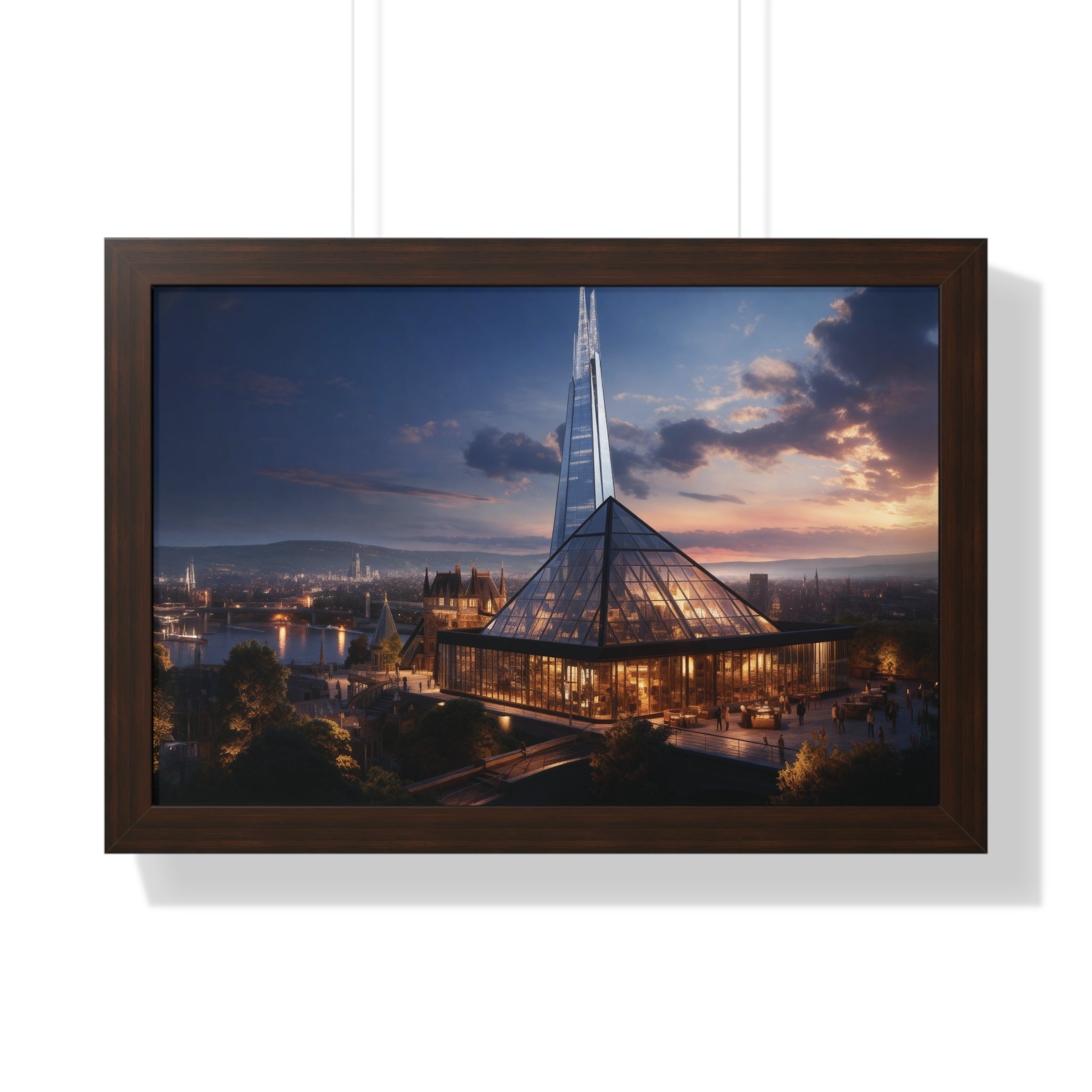 Futuristic Twilight: Glass Spire & Pyramid Skyline – Illuminated Architecture Wall Art