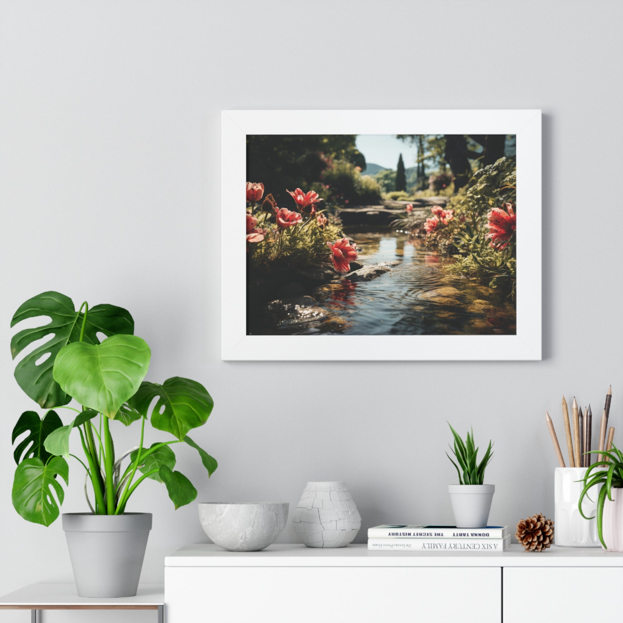 Tranquil Garden Stream with Scarlet Blooms