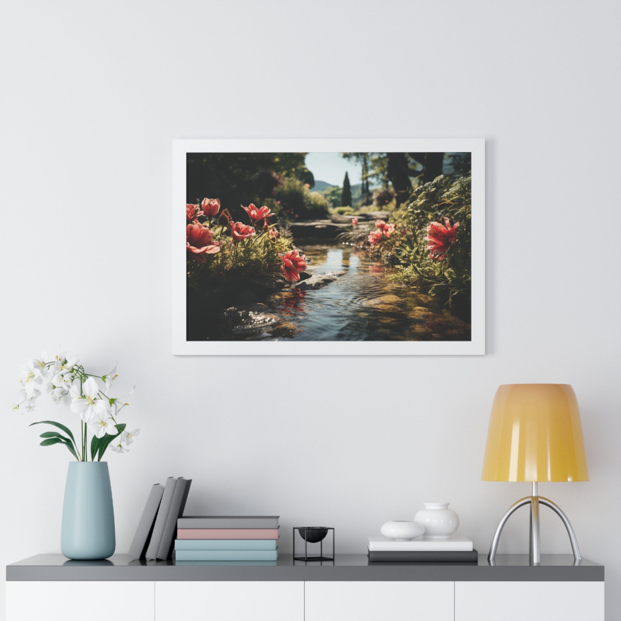 Tranquil Garden Stream with Scarlet Blooms