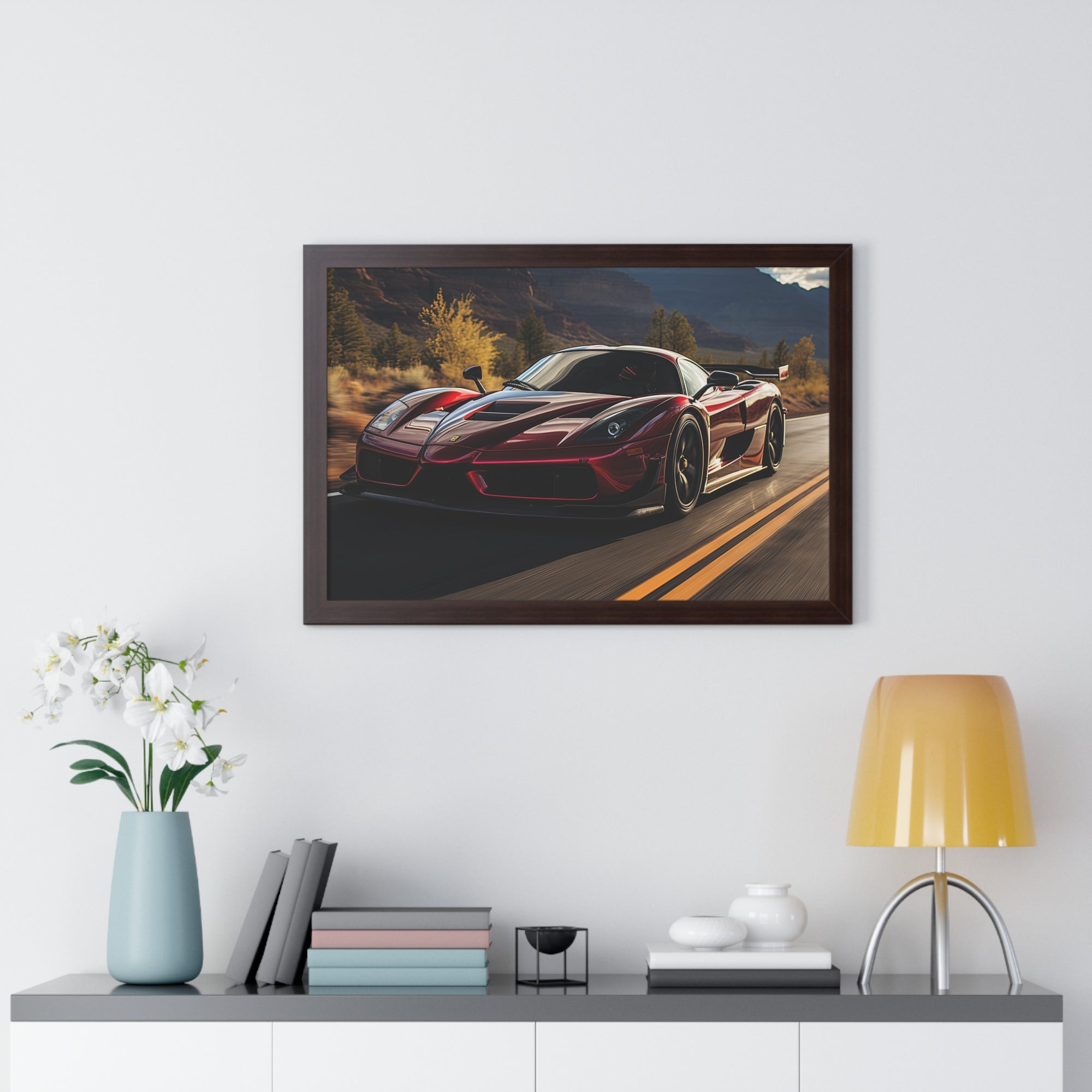 Red Ferrari F50 – Framed Poster in Majestic Mountain Setting