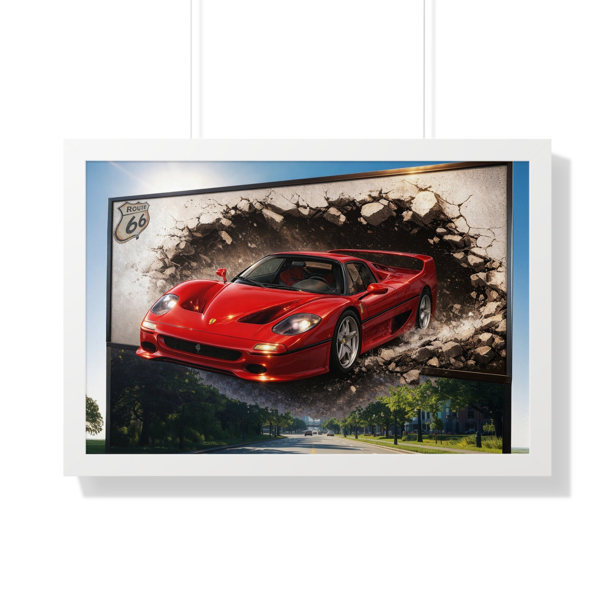 Ferrari F50 Breaking Through Wall – 4K Supercar Canvas