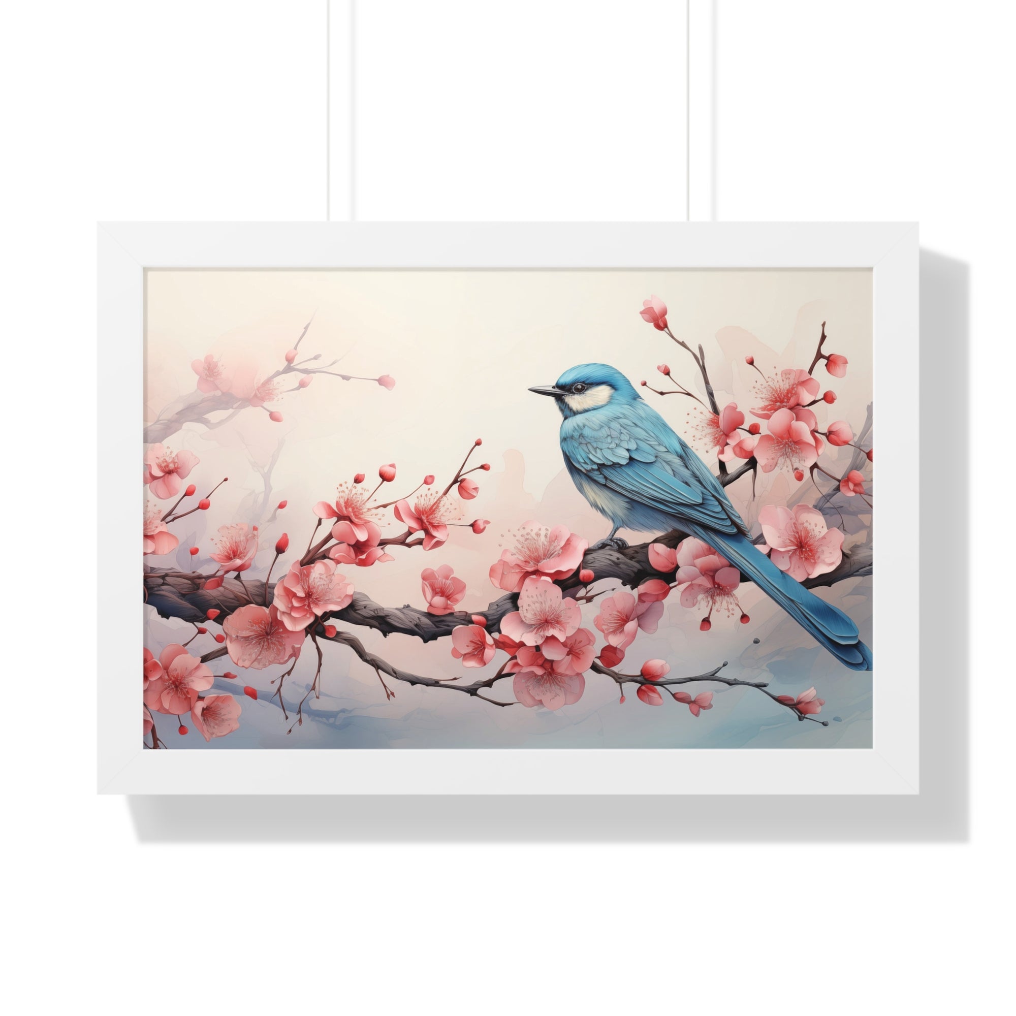Blue Jay in Bloom  Botanical Wall Art with Cherry Blossoms