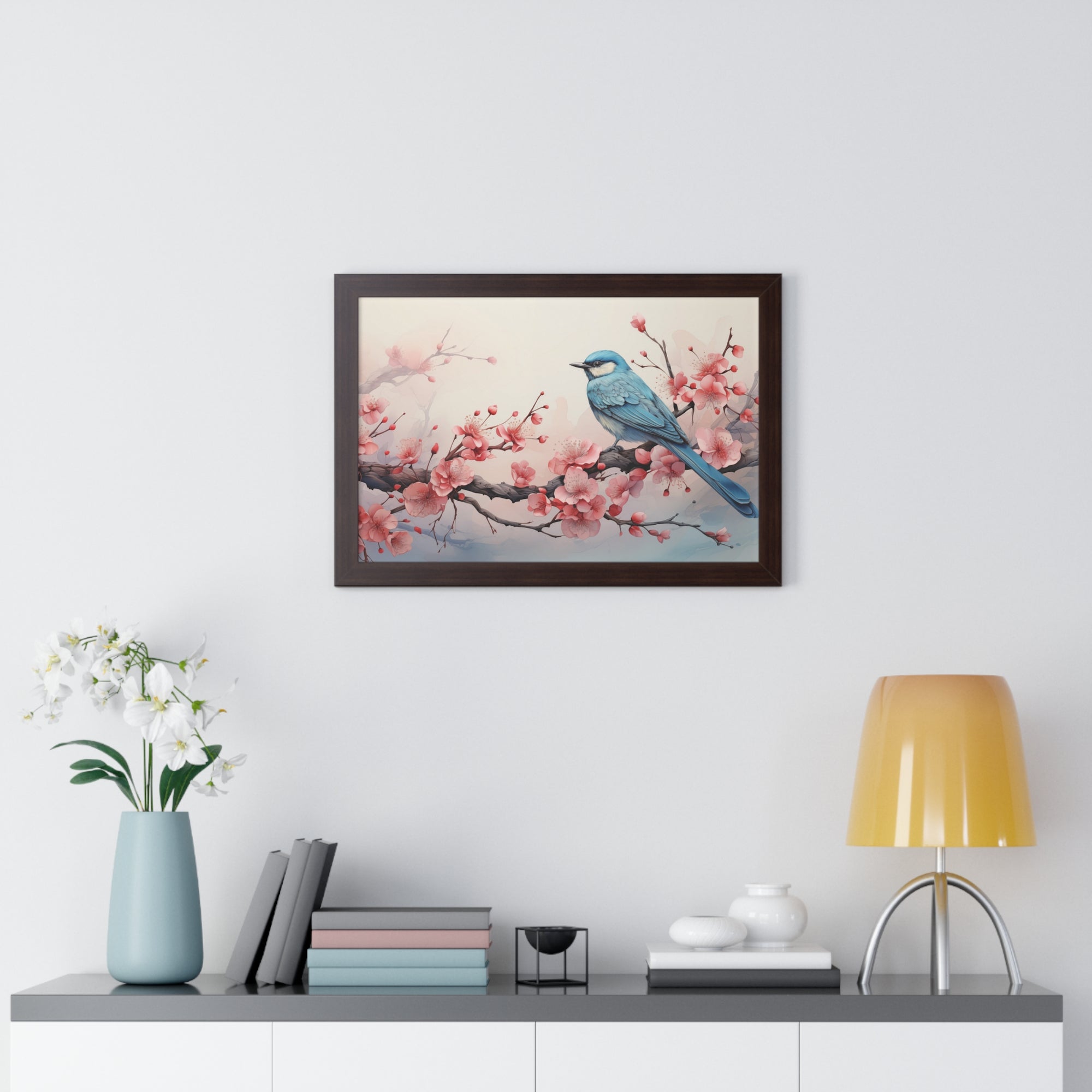 Blue Jay in Bloom  Botanical Wall Art with Cherry Blossoms
