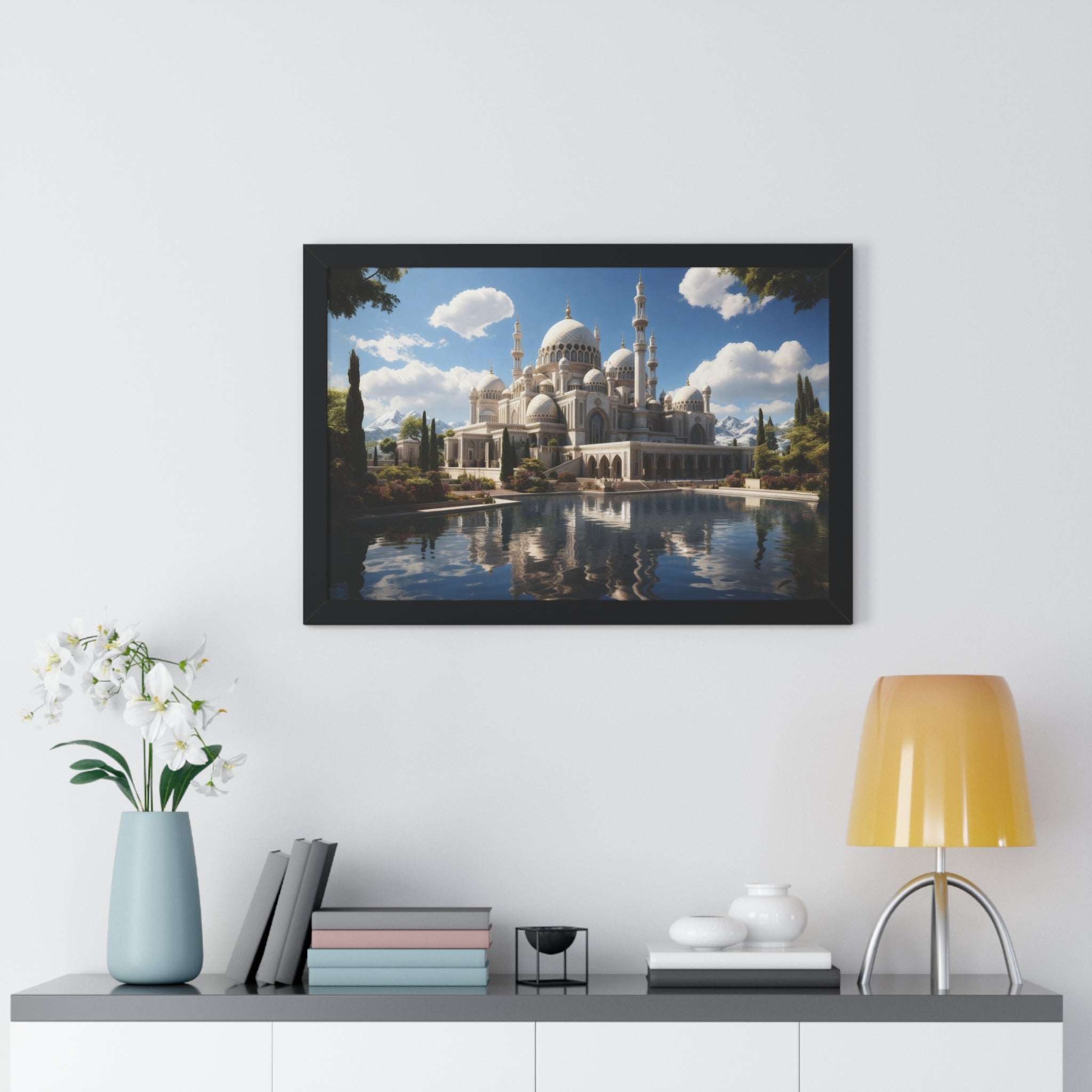 Reflections of Faith – Framed Islamic Mosque Wall Art with Scenic Lake & Mountain Backdrop