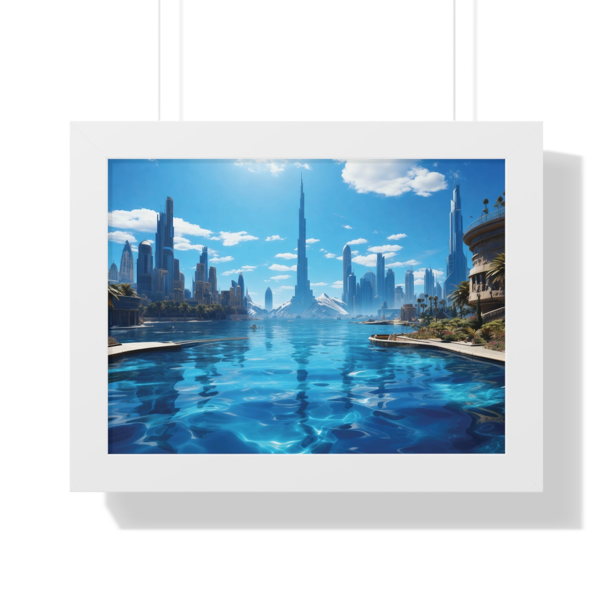 Futuristic Waterfront Skyline – Framed Wall Art with Palm Trees & Ultra-Modern Architecture