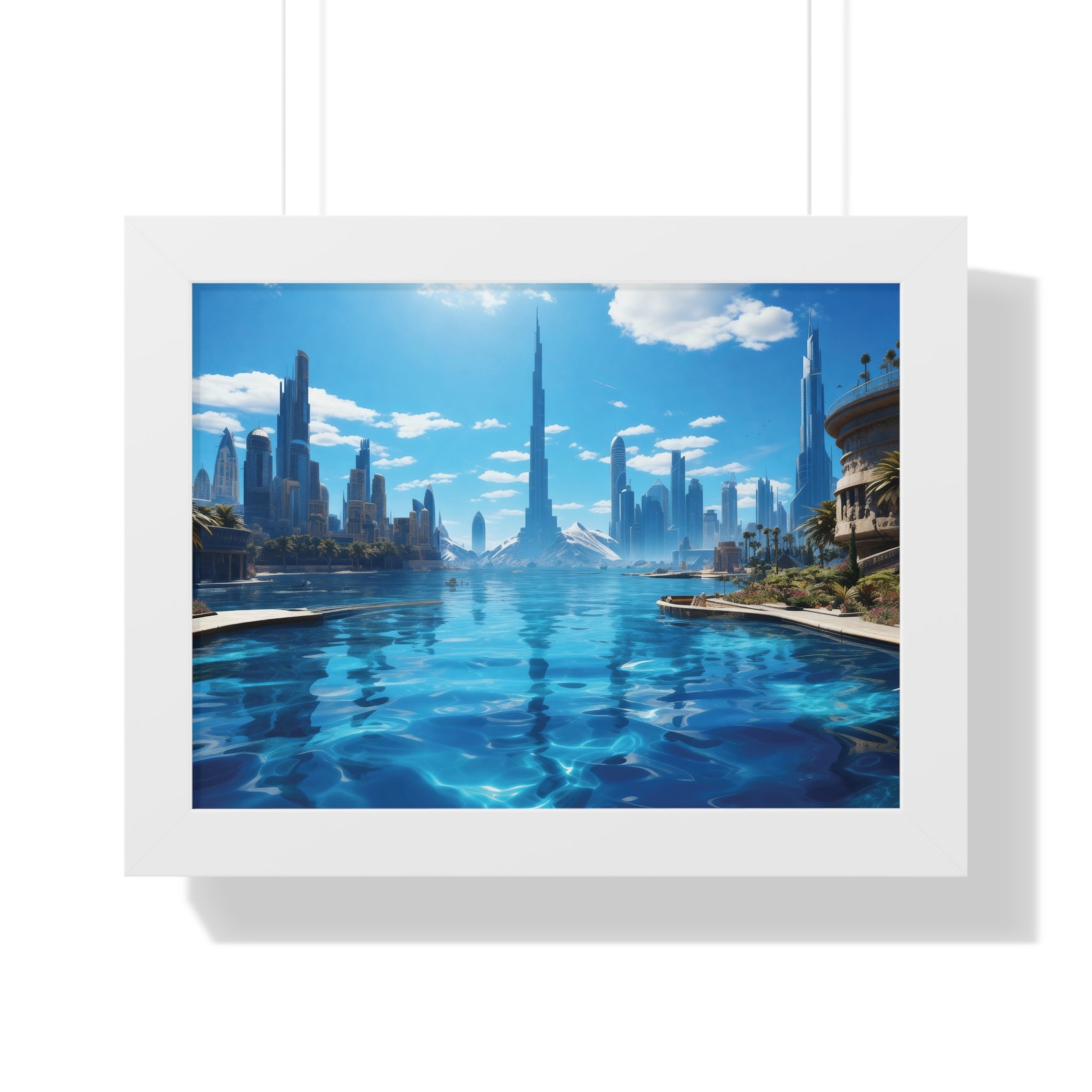 Futuristic Waterfront Skyline – Framed Wall Art with Palm Trees & Ultra-Modern Architecture