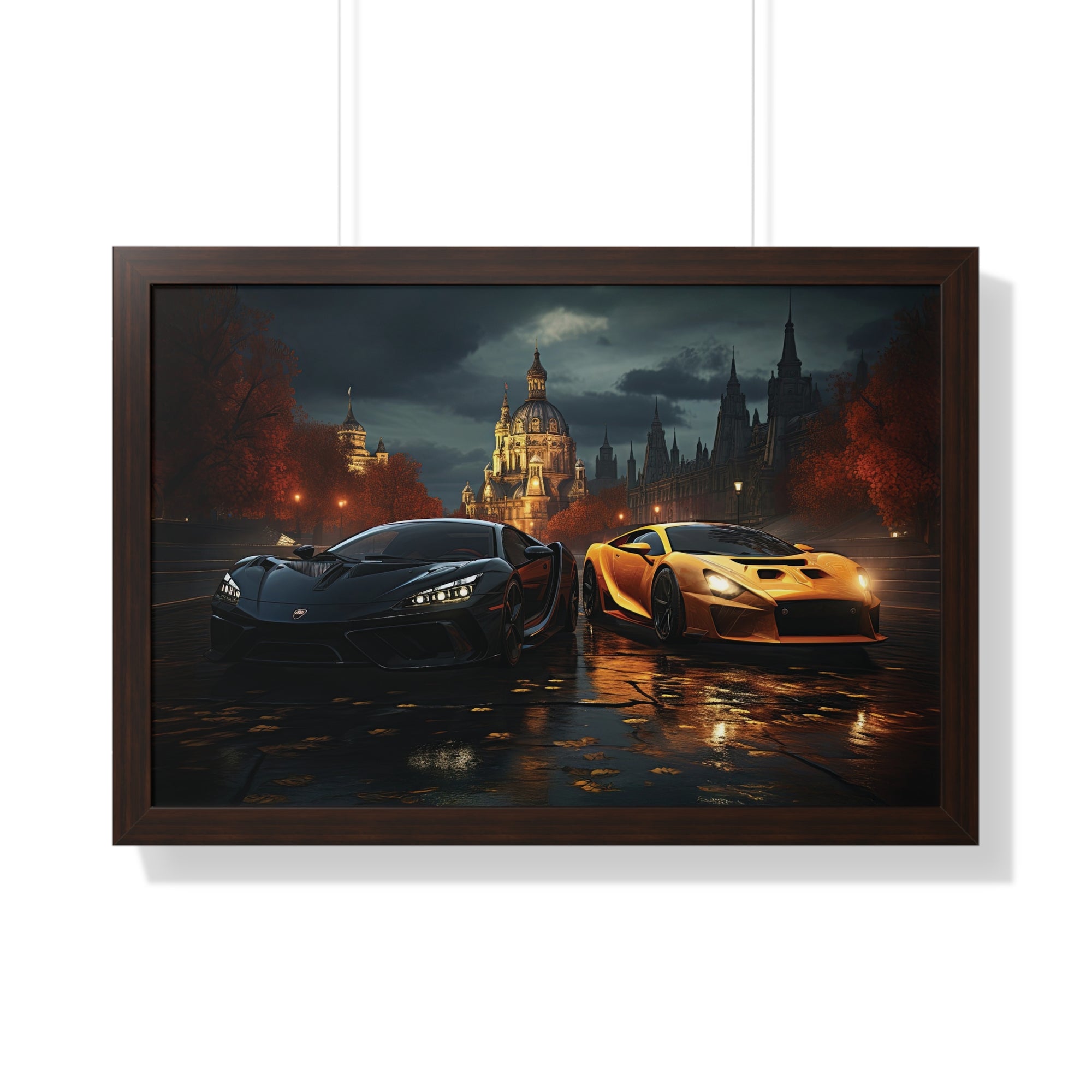 Two Lamborghinis set outside a illuminated Grand Building under a Cloudy Sky