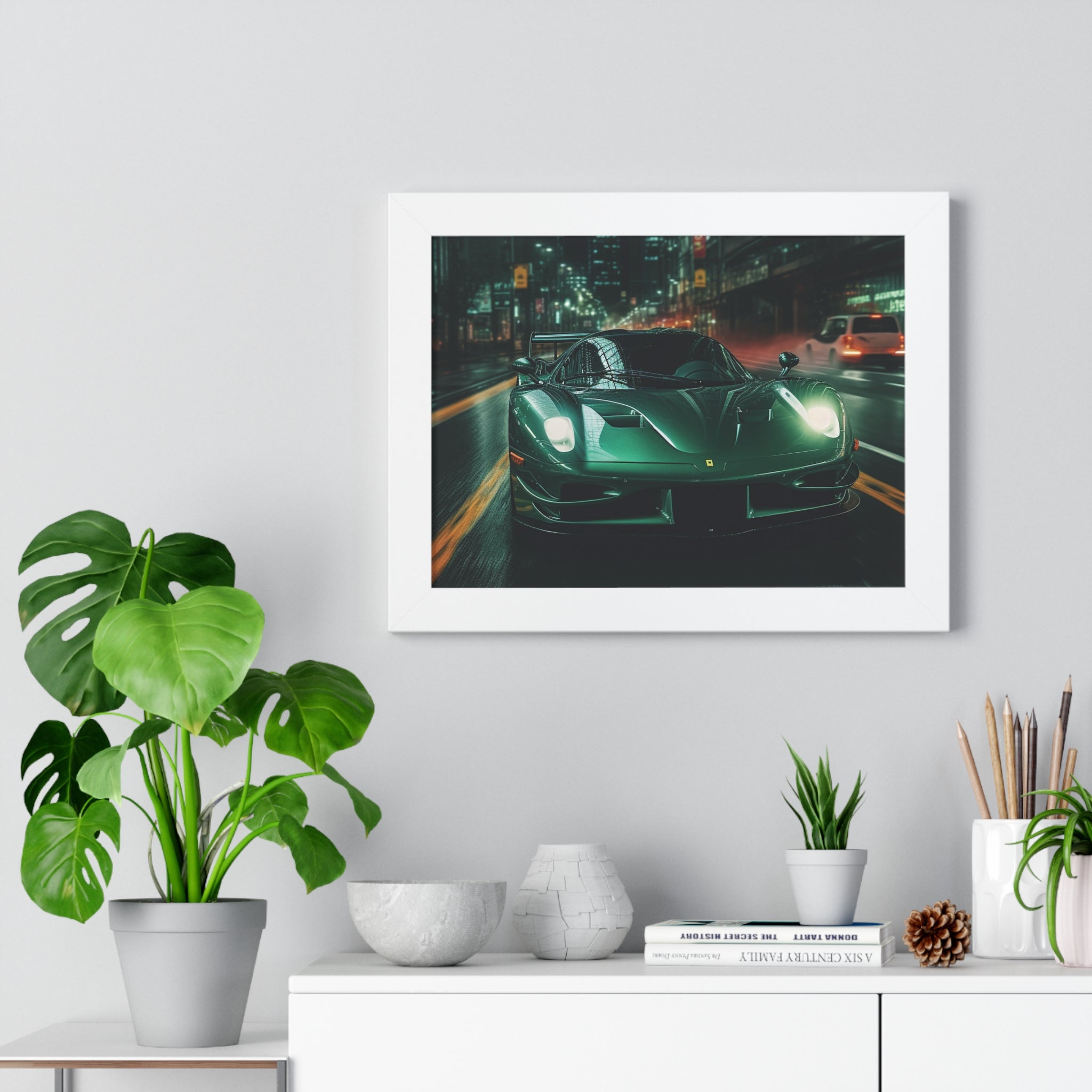 Framed Emerald Green Ferrari F50 Horizontal Poster | Supercar Wall Art