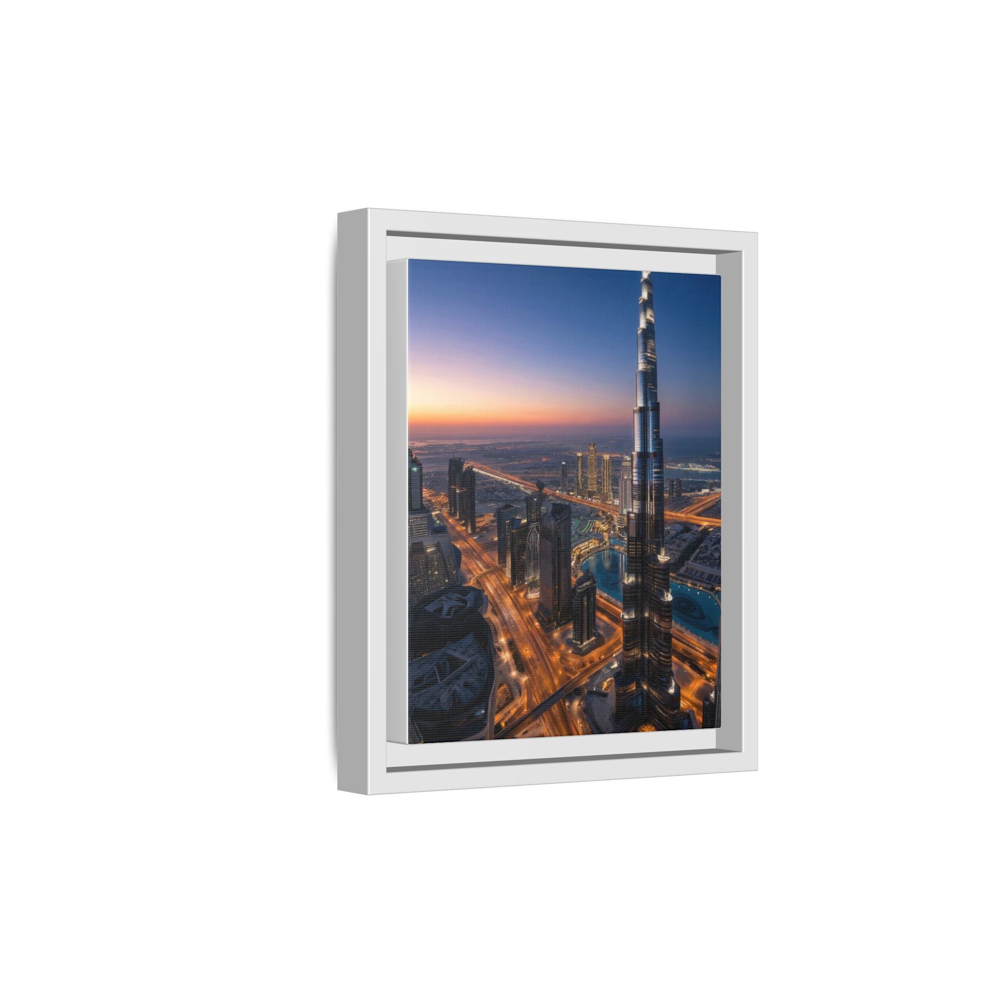 Framed Dubai Skyline at Dusk – Stunning Cityscape Wall Art