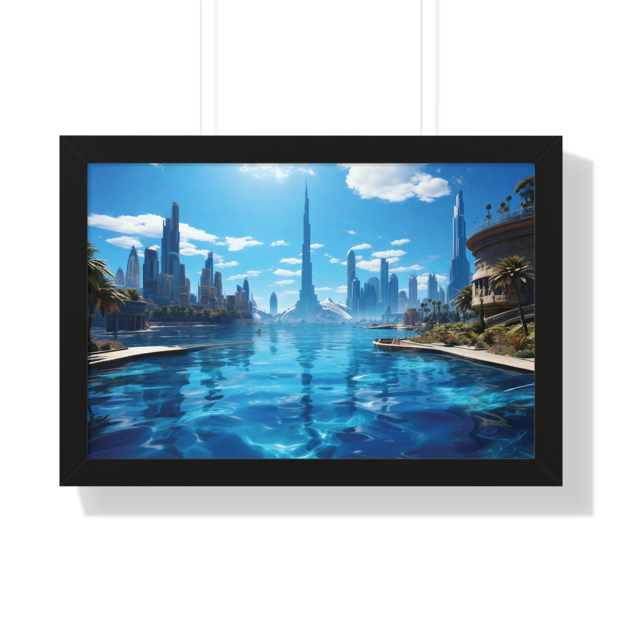 Futuristic Waterfront Skyline – Framed Wall Art with Palm Trees & Ultra-Modern Architecture