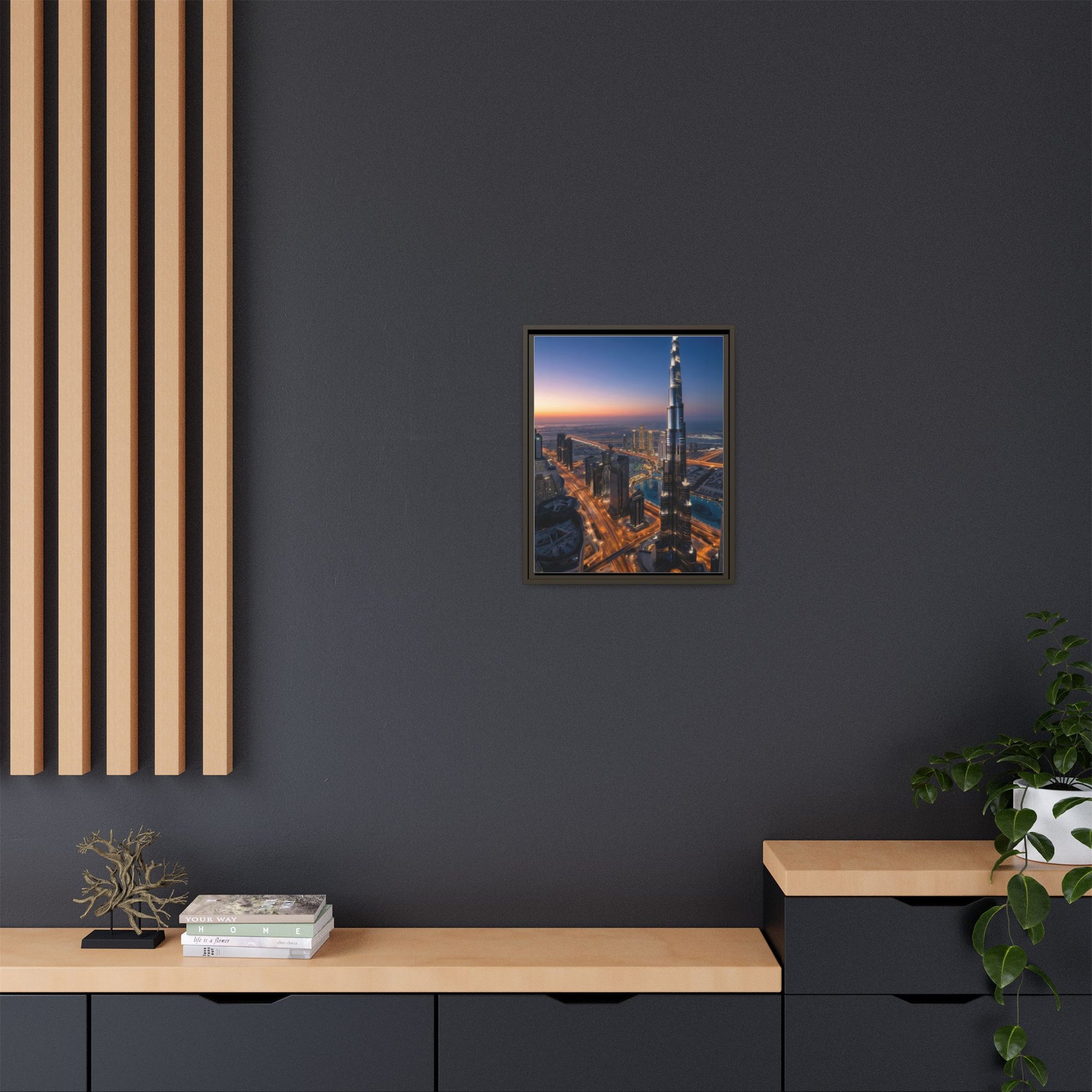 Framed Dubai Skyline at Dusk – Stunning Cityscape Wall Art