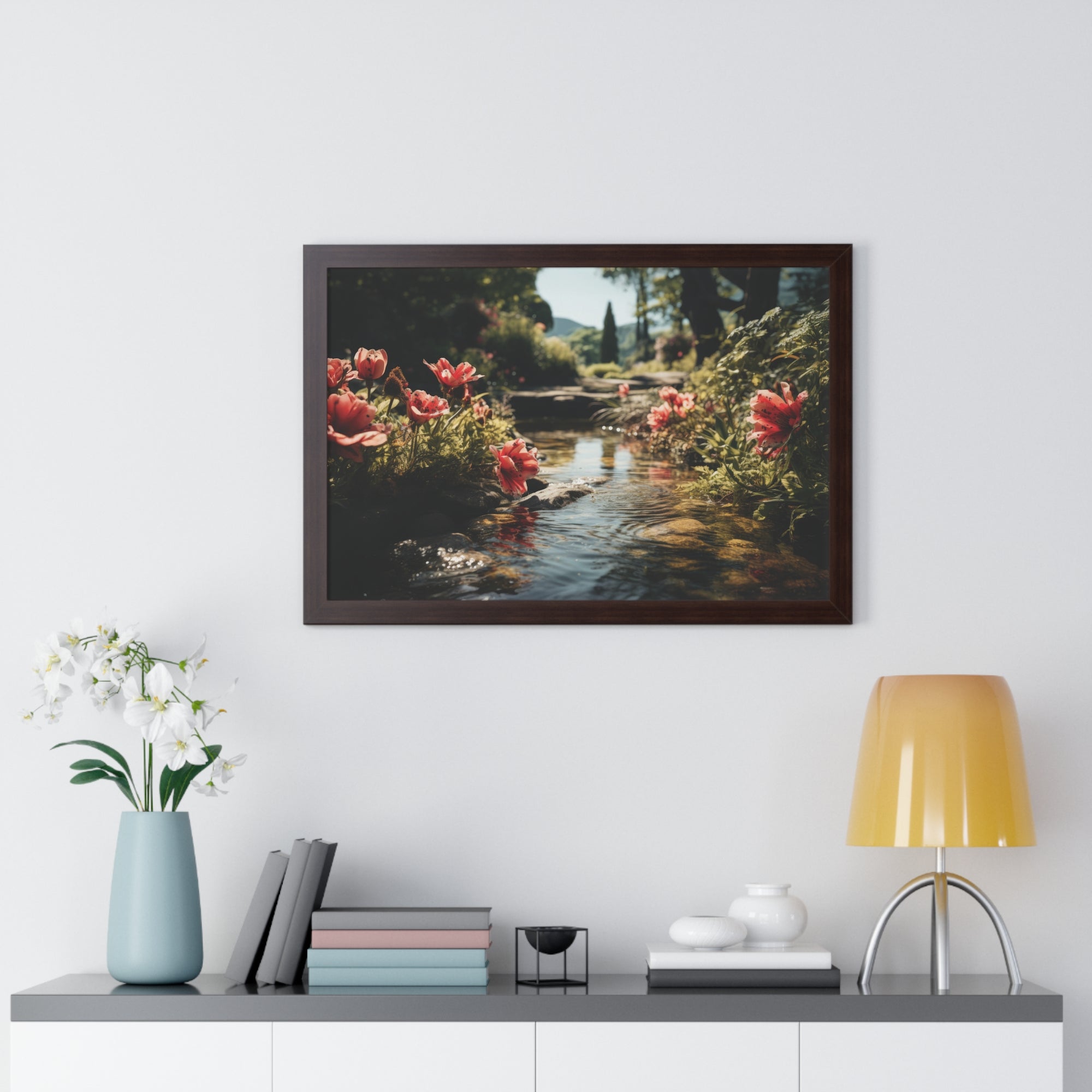 Tranquil Garden Stream with Scarlet Blooms