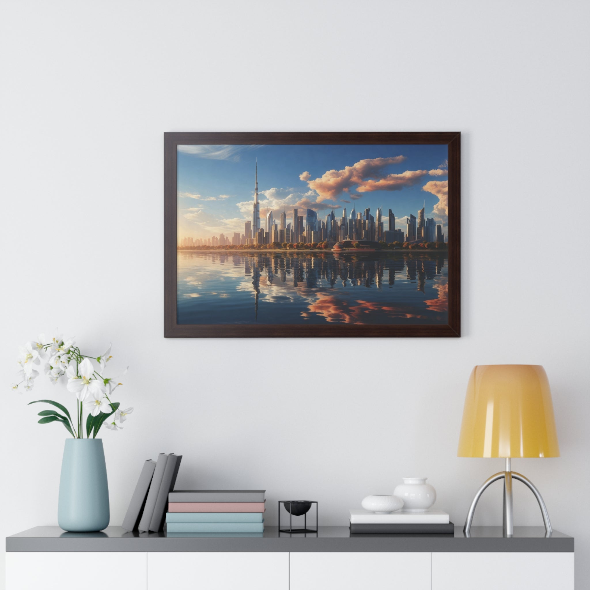 Framed Dubai Sunset Cityscape – Luxury Wall Art with Burj Khalifa for Elegant Interiors