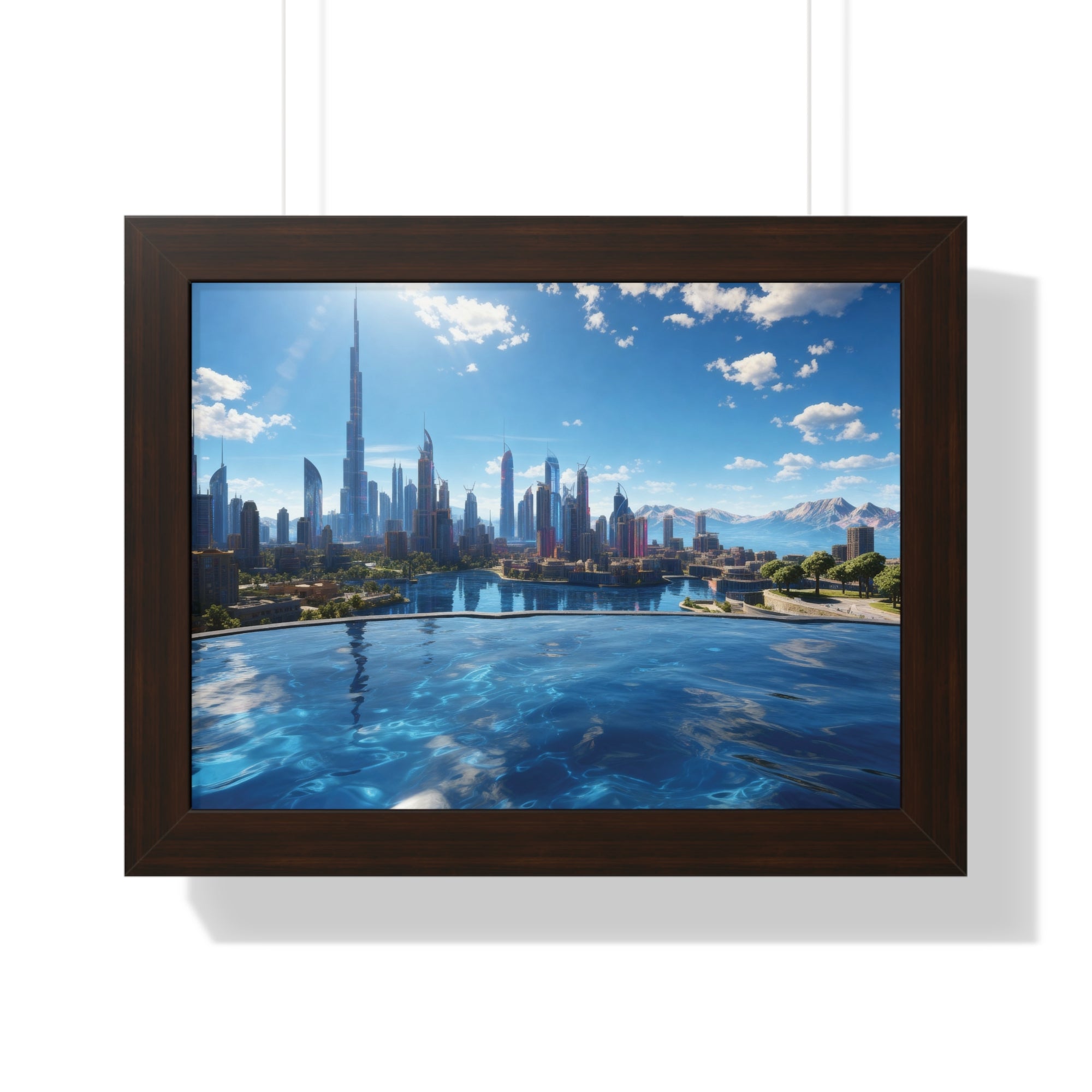 Infinity Pool Skyline View – Framed Luxury Wall Art with Cityscape and Mountain Backdrop