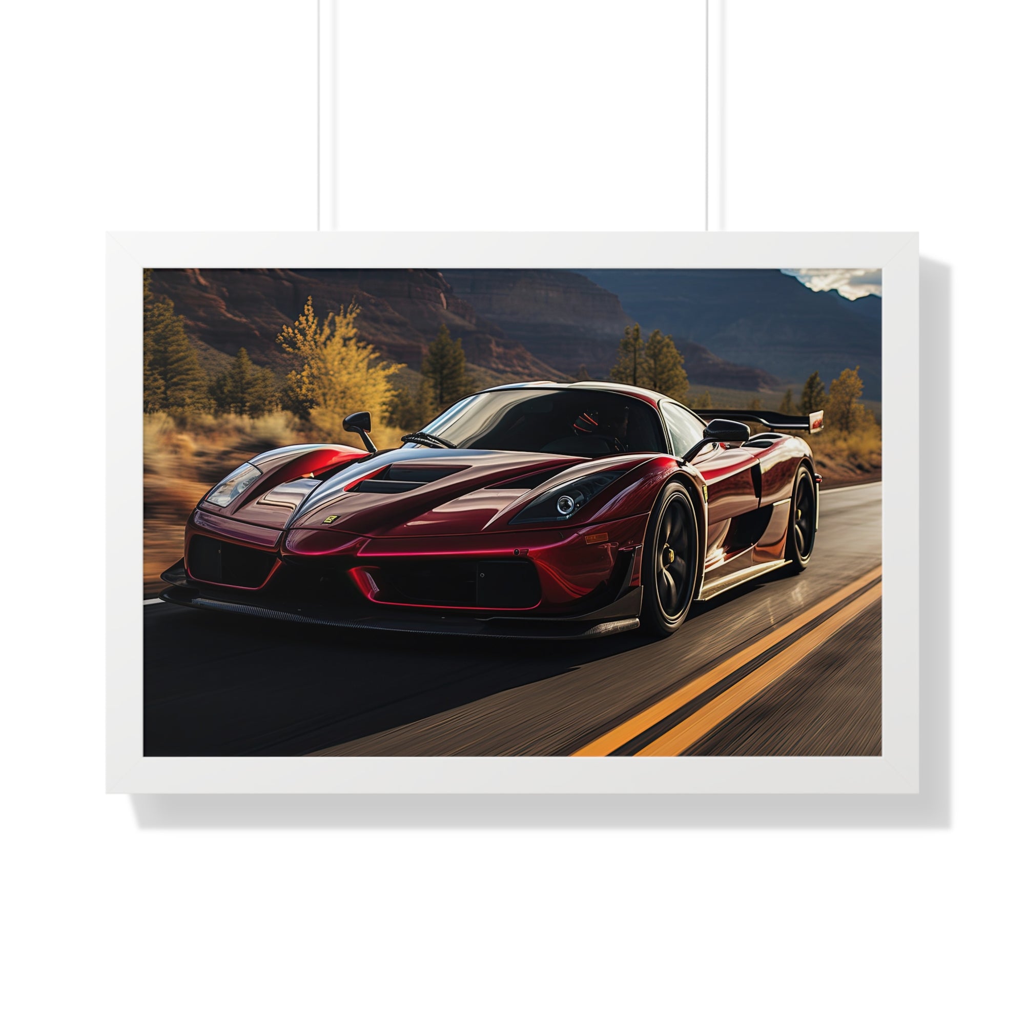 Red Ferrari F50 – Framed Poster in Majestic Mountain Setting