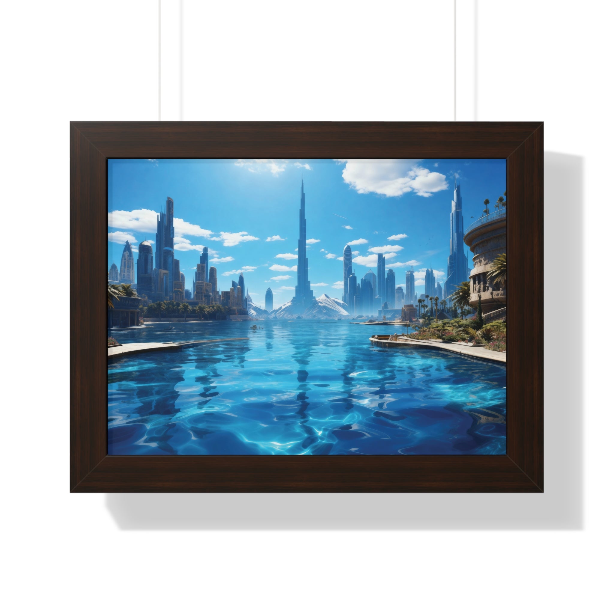 Futuristic Waterfront Skyline – Framed Wall Art with Palm Trees & Ultra-Modern Architecture
