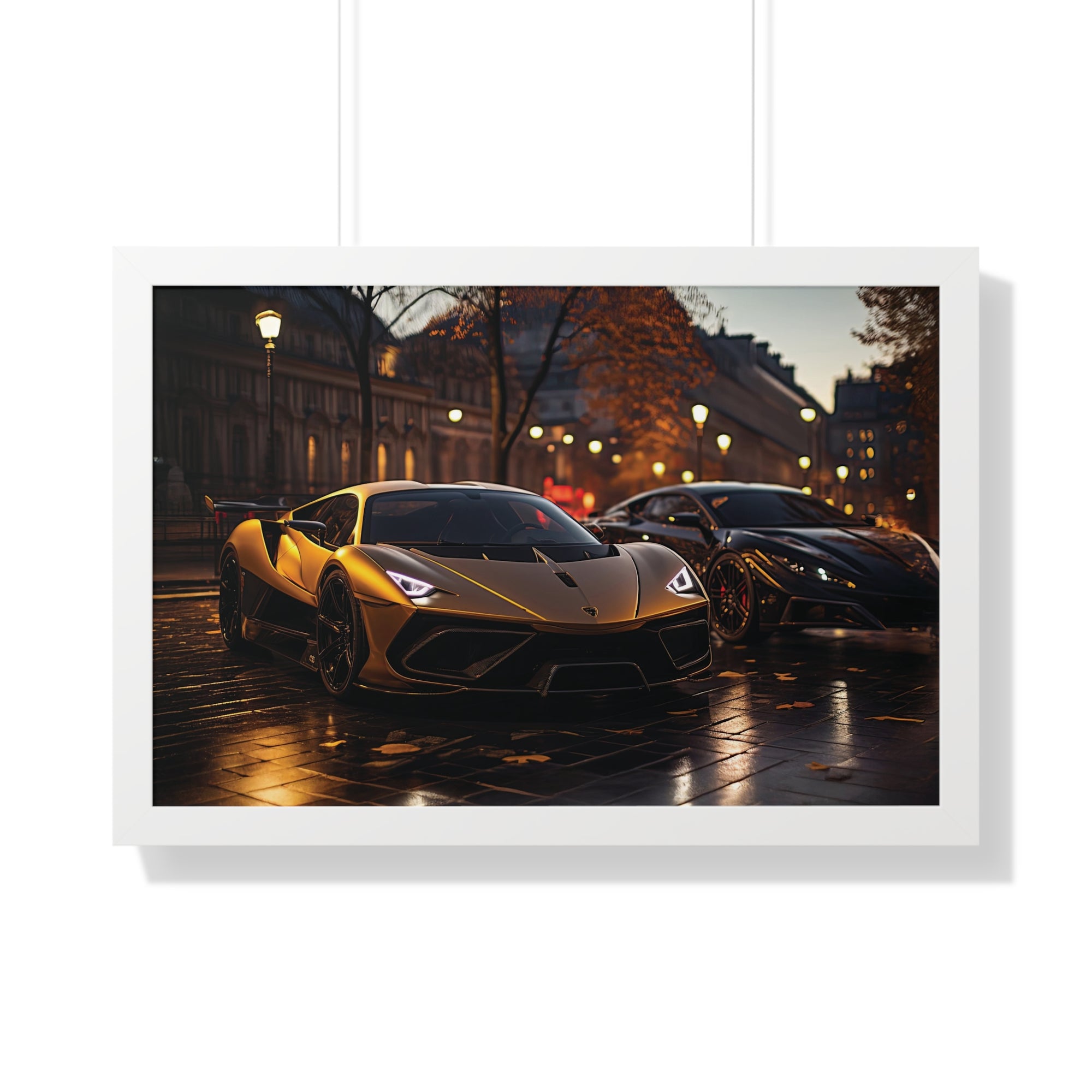 Modified Lamborghini Gold Print - A wet City Street at Night with illuminated Street Lamps
