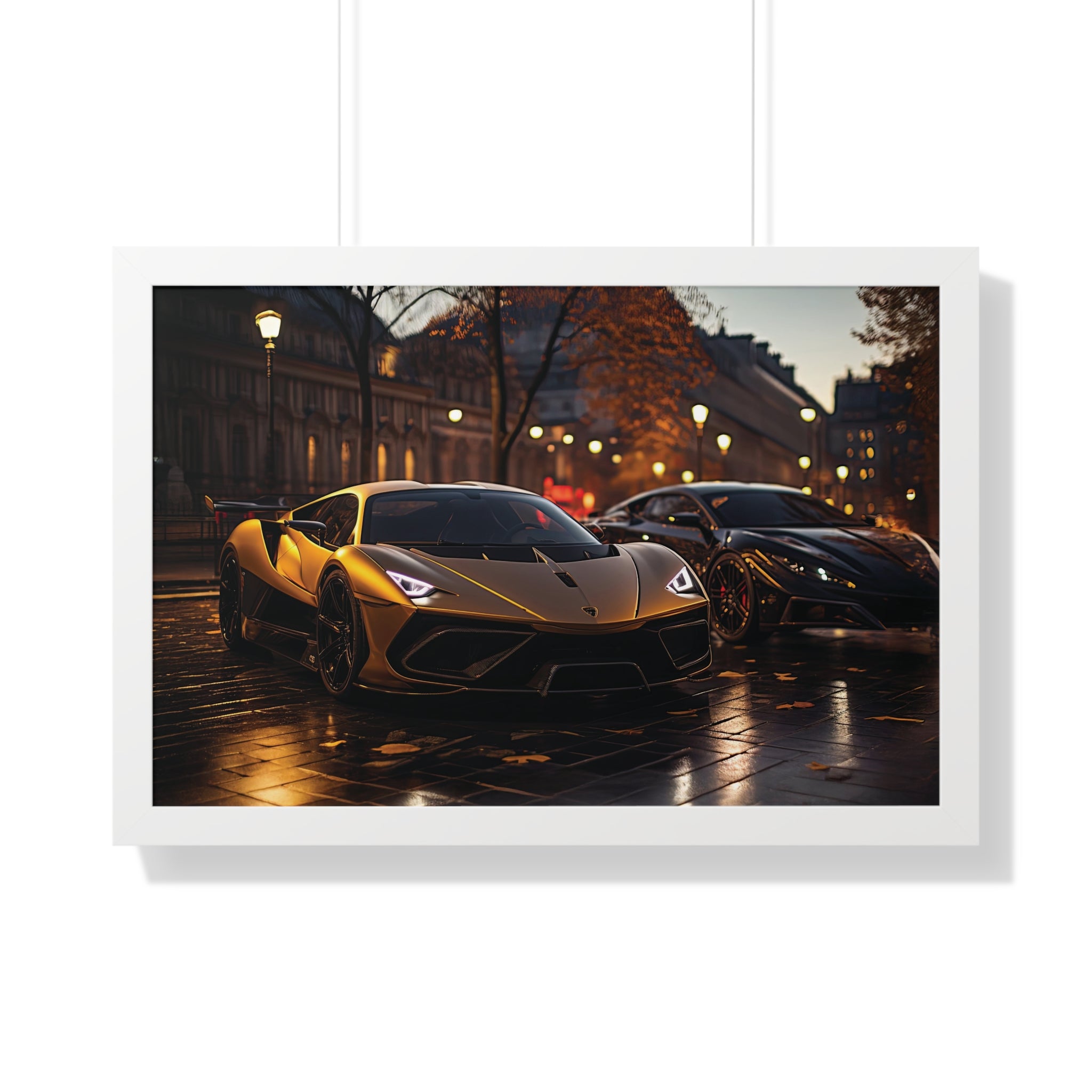 Modified Lamborghini Gold Print - A wet City Street at Night with illuminated Street Lamps