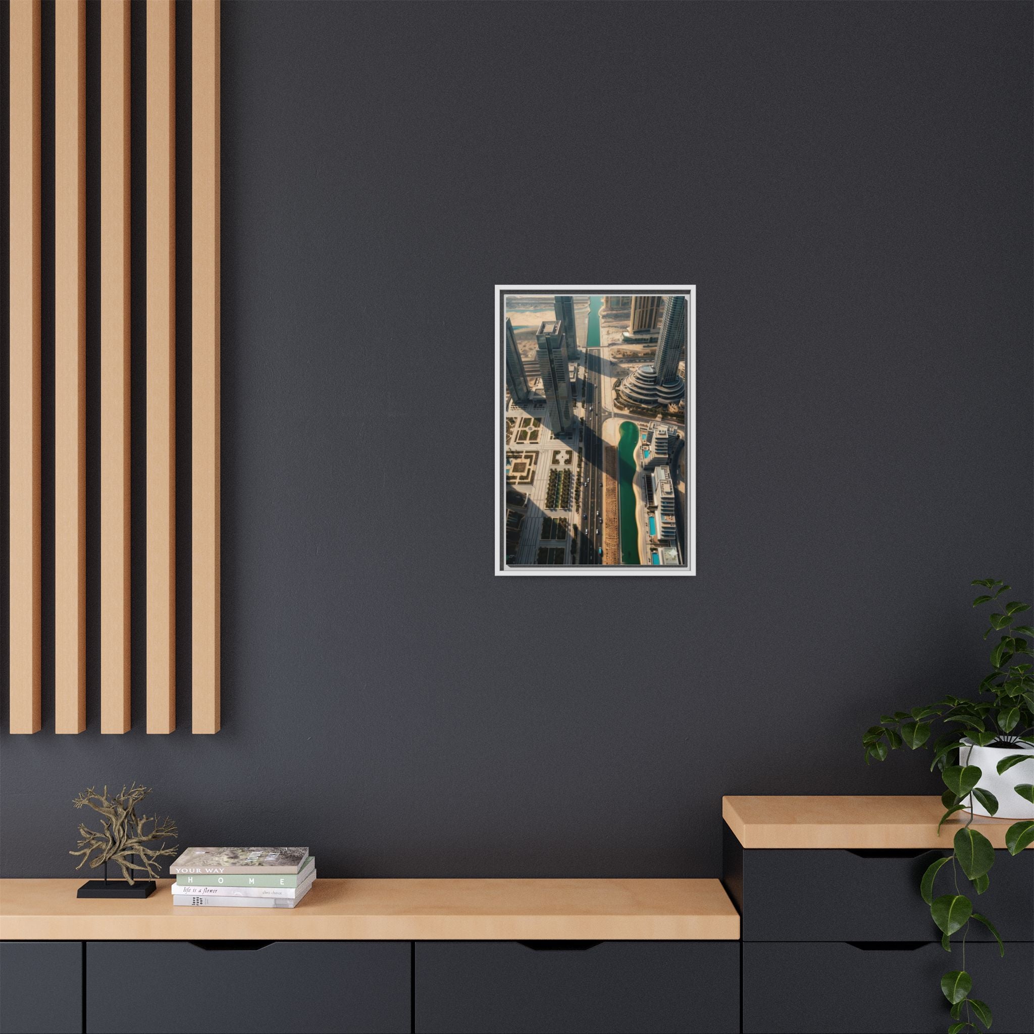 Framed Aerial View of Dubai – High-Resolution Cityscape Wall Art