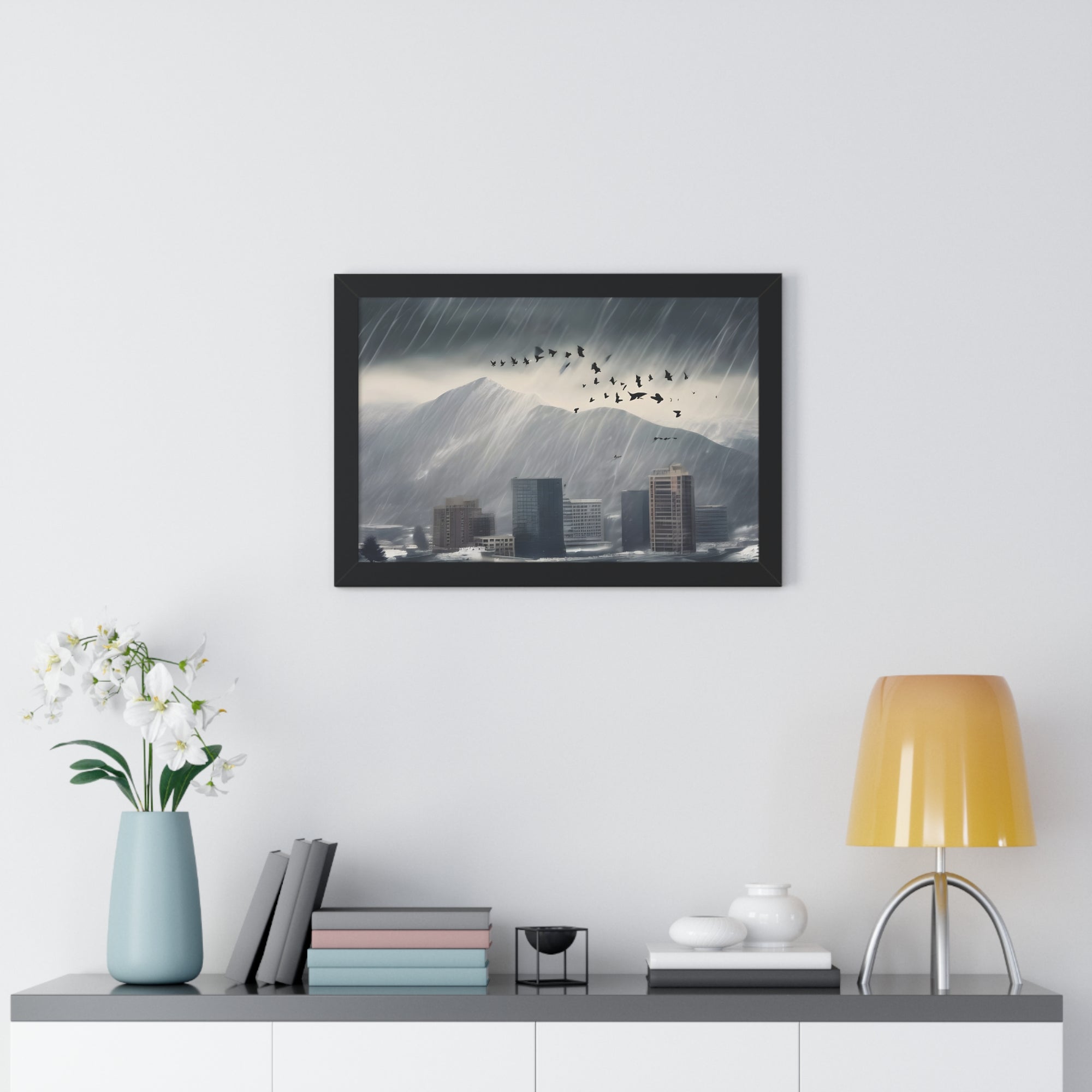 Urban Downpour with Birds in Flight – Futuristic Wall Print