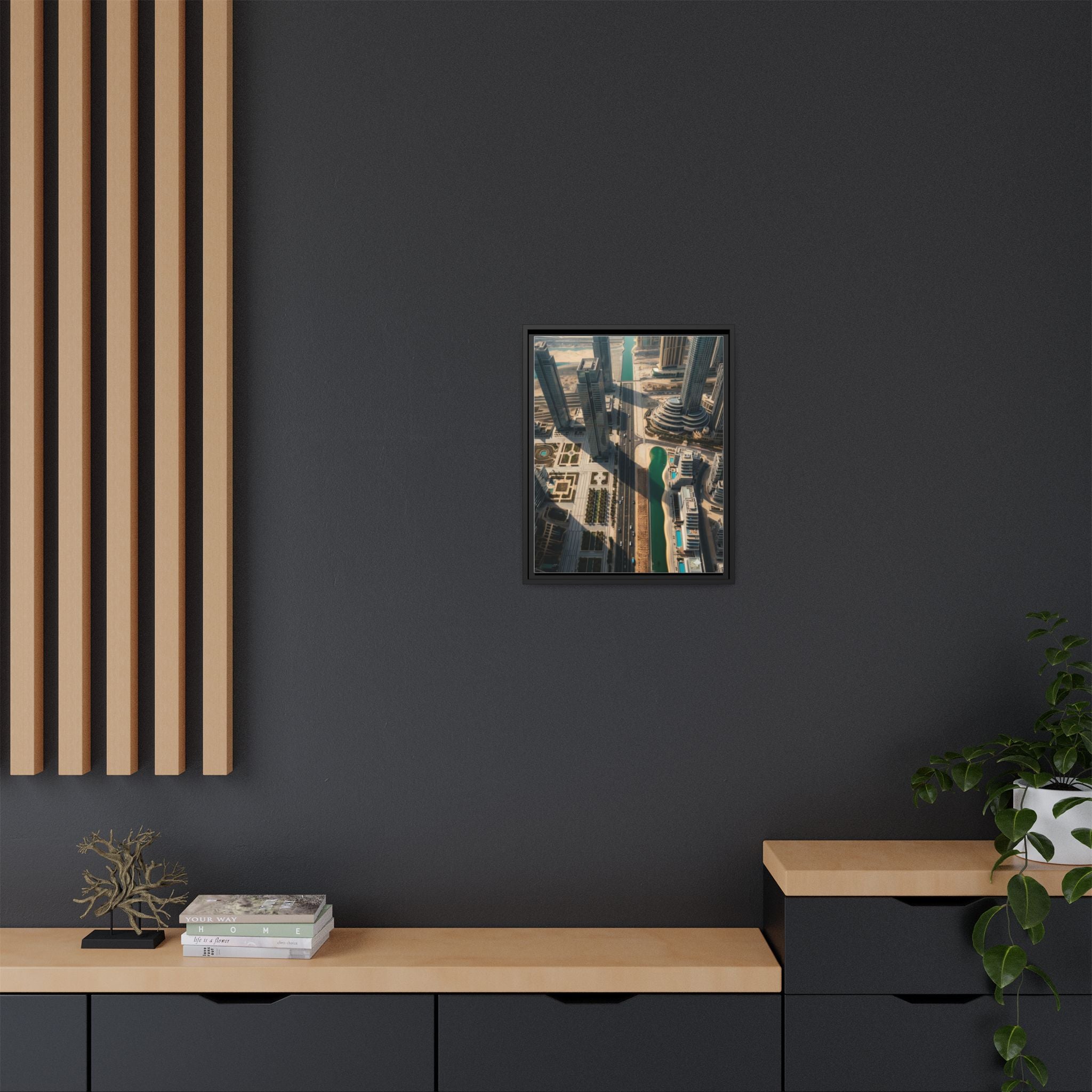 Framed Aerial View of Dubai – High-Resolution Cityscape Wall Art