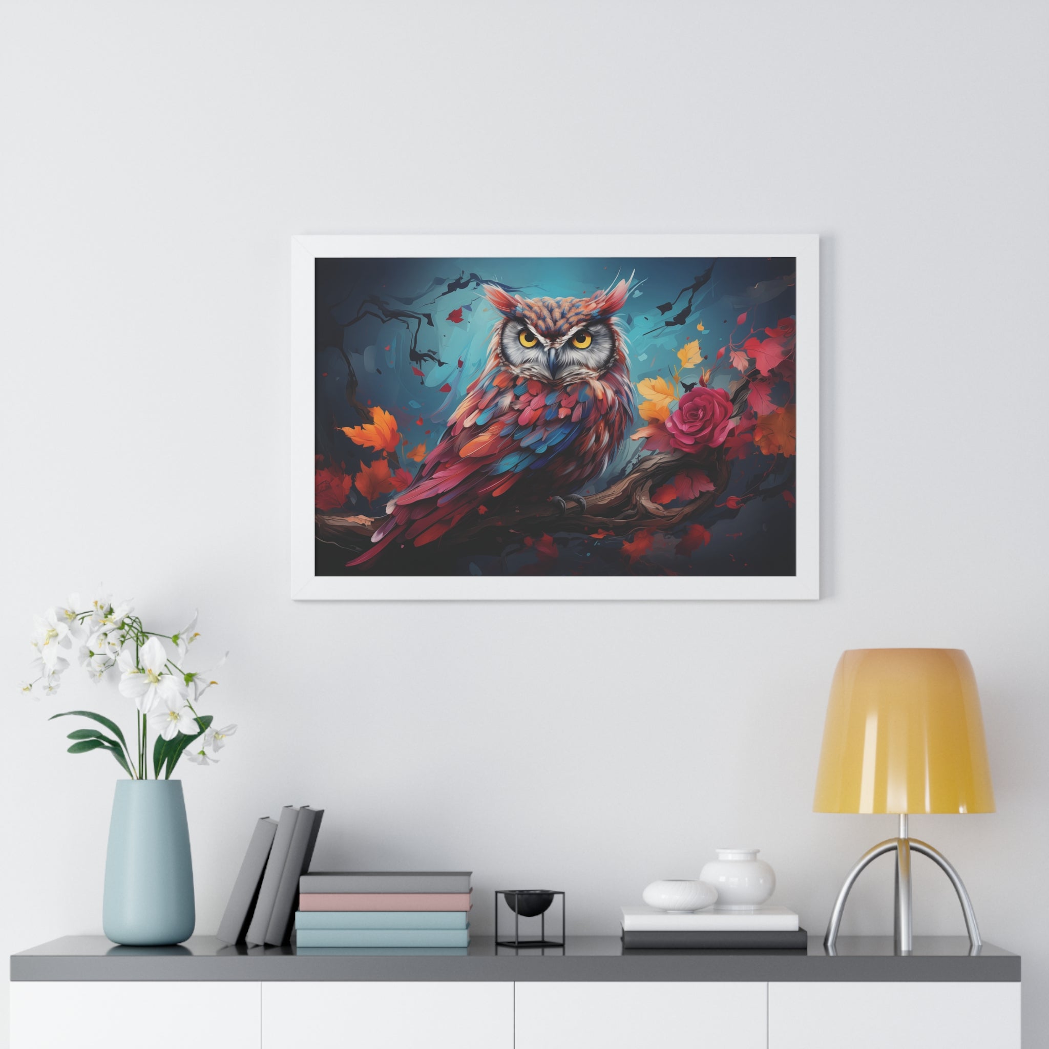 Crimson Perch —🌹Vibrant Owl Wall Art with Autumn Bloom