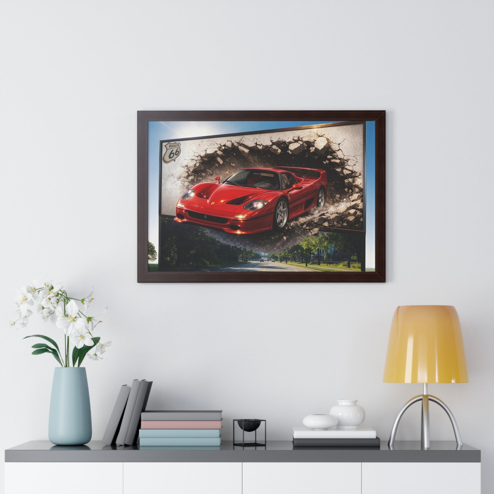 Ferrari F50 Breaking Through Wall – 4K Supercar Canvas