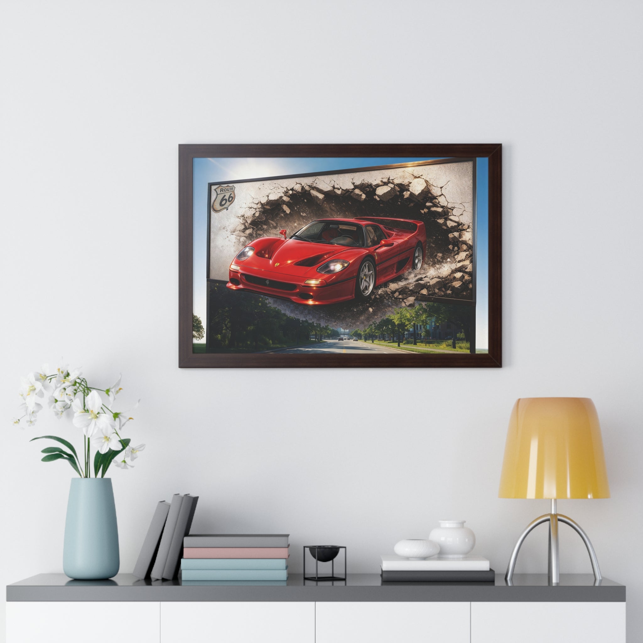 Ferrari F50 Breaking Through Wall – 4K Supercar Canvas
