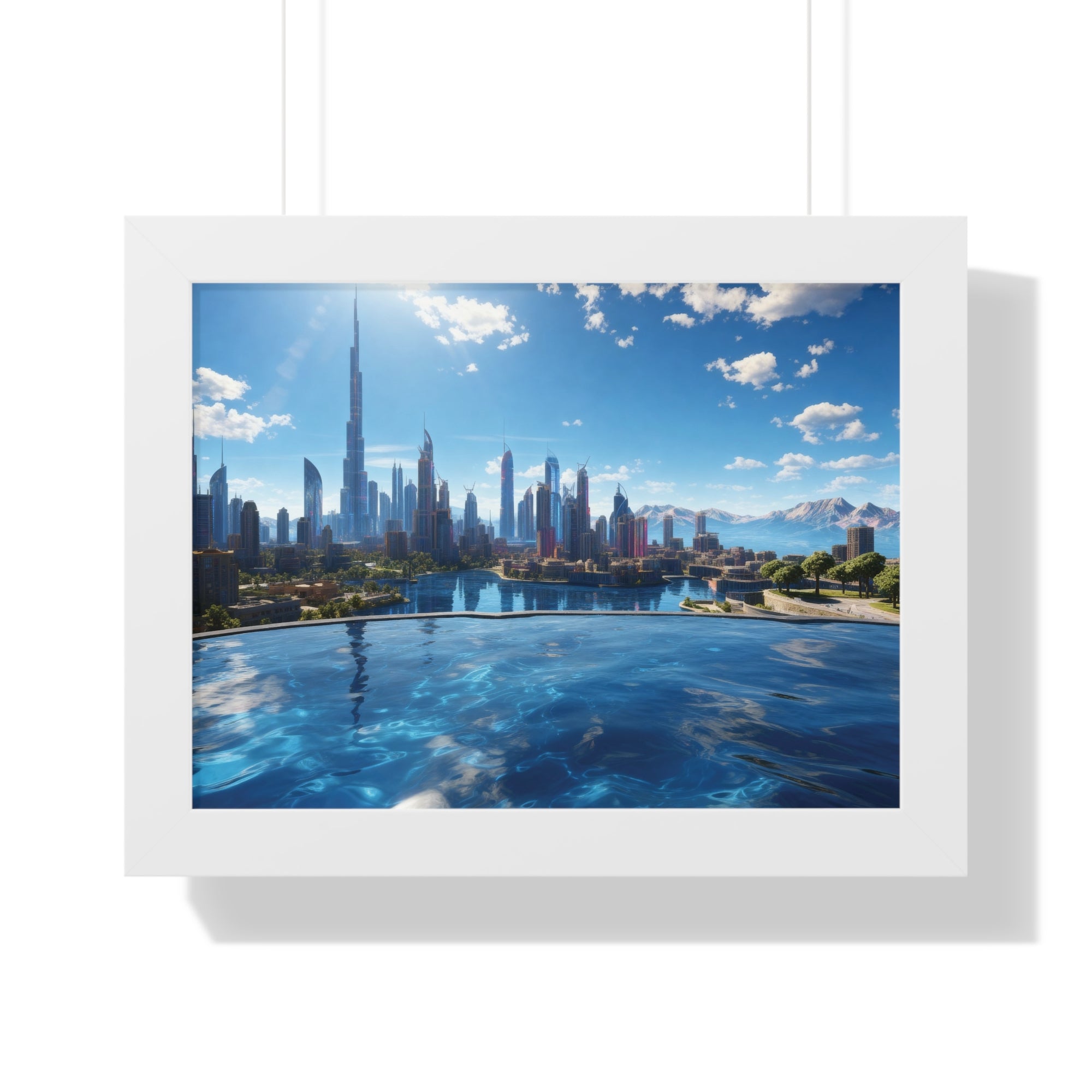 Infinity Pool Skyline View – Framed Luxury Wall Art with Cityscape and Mountain Backdrop