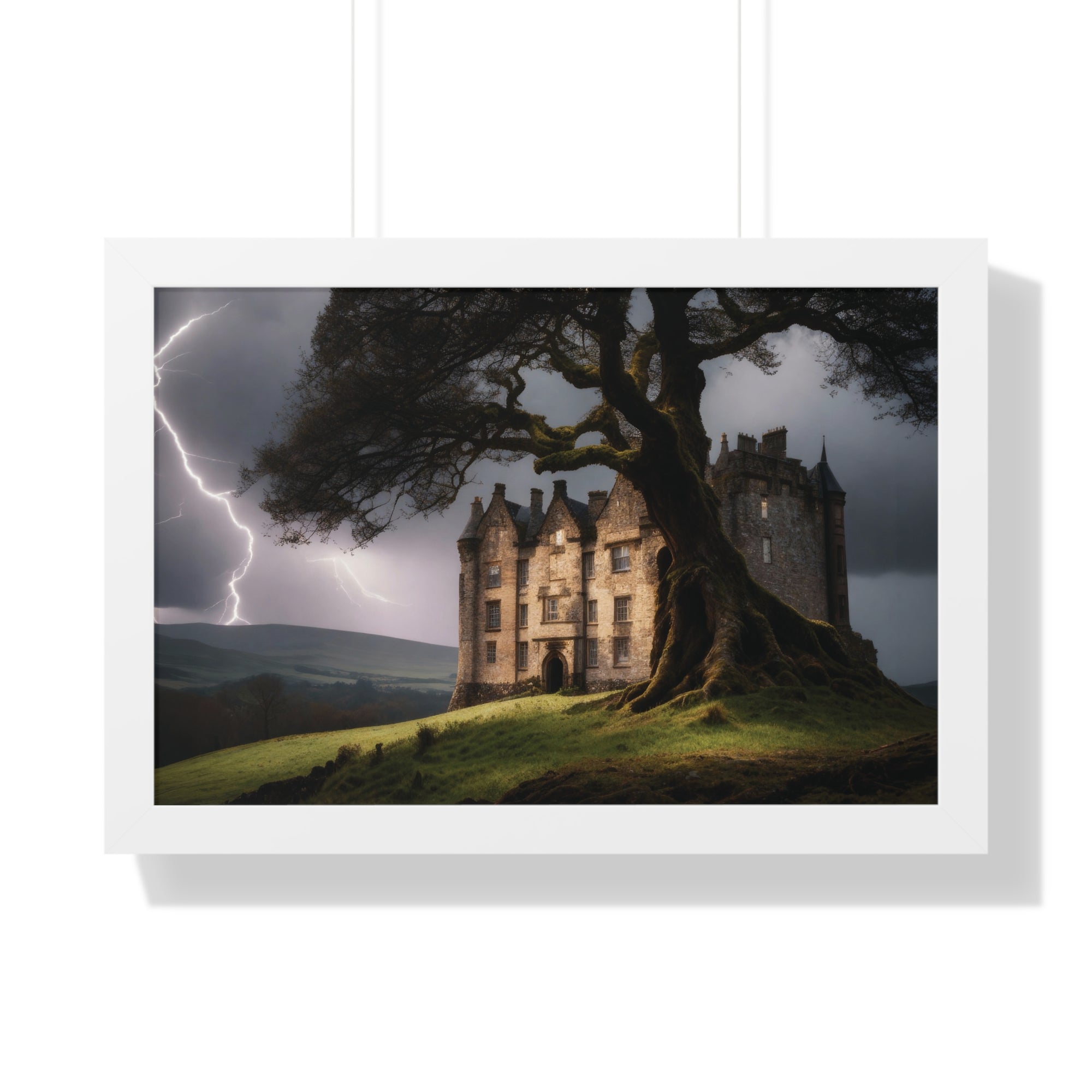 Haunted Scottish Castle Wall Art – Lightning Storm & Ancient Tree Landscape Print
