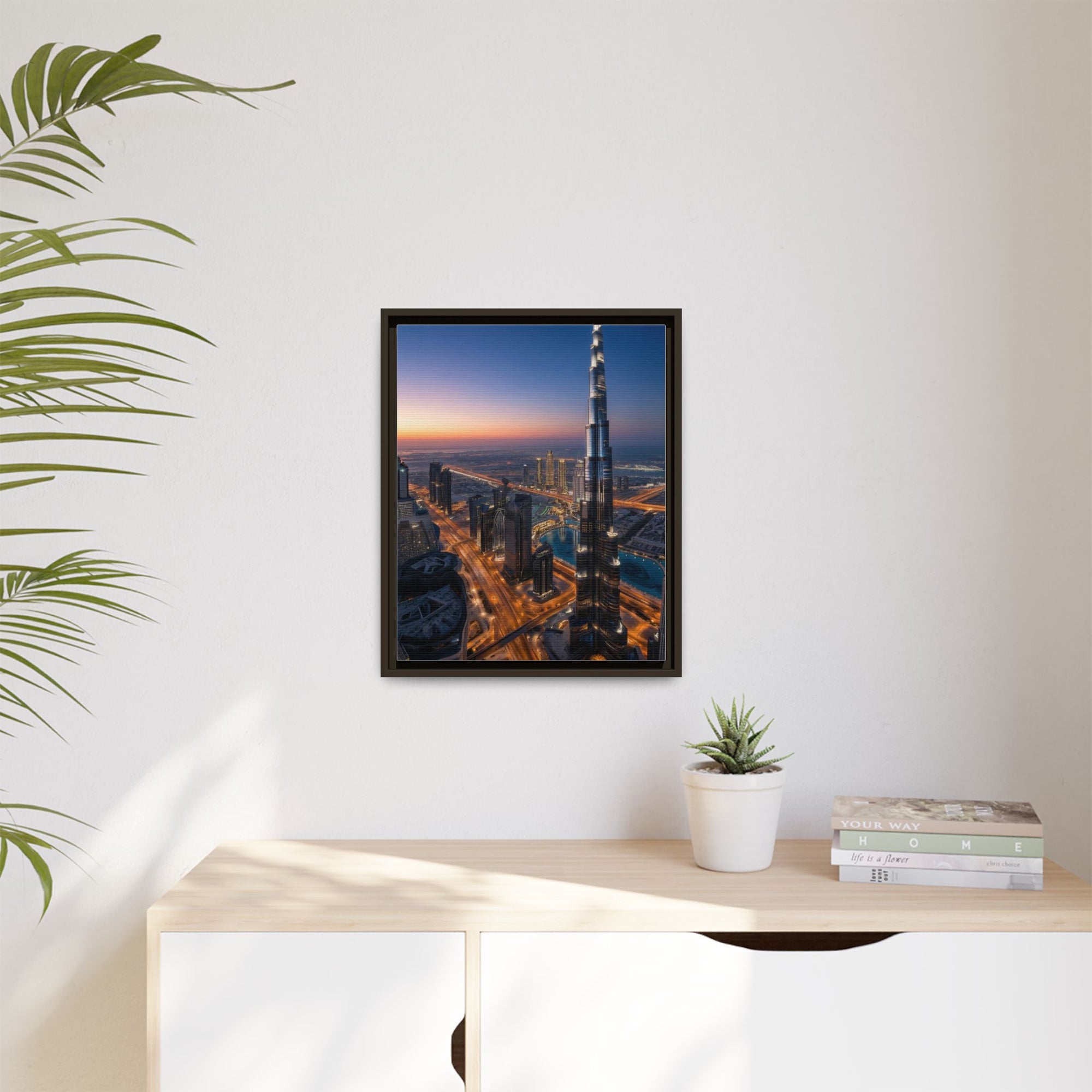 Framed Dubai Skyline at Dusk – Stunning Cityscape Wall Art