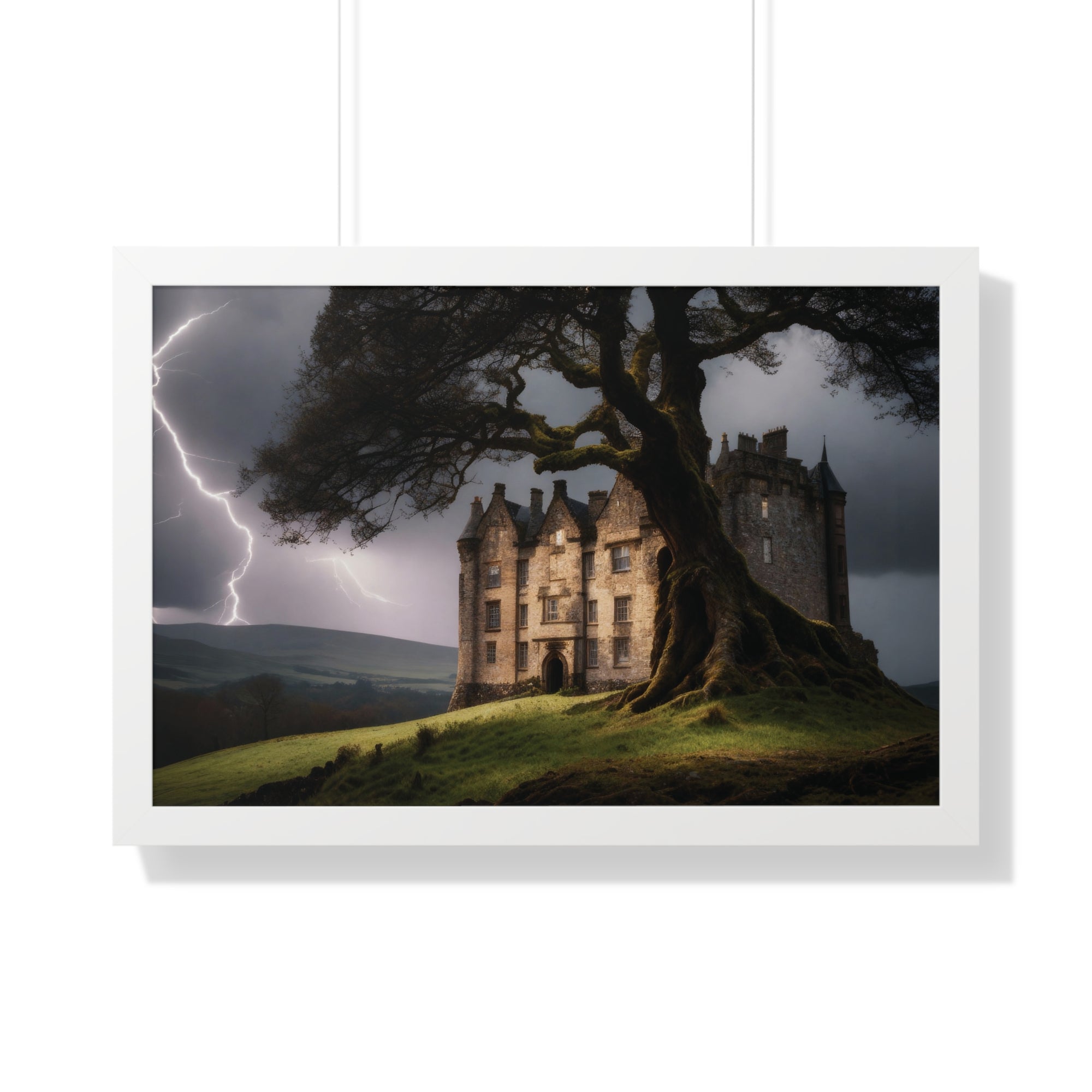 Haunted Scottish Castle Wall Art – Lightning Storm & Ancient Tree Landscape Print