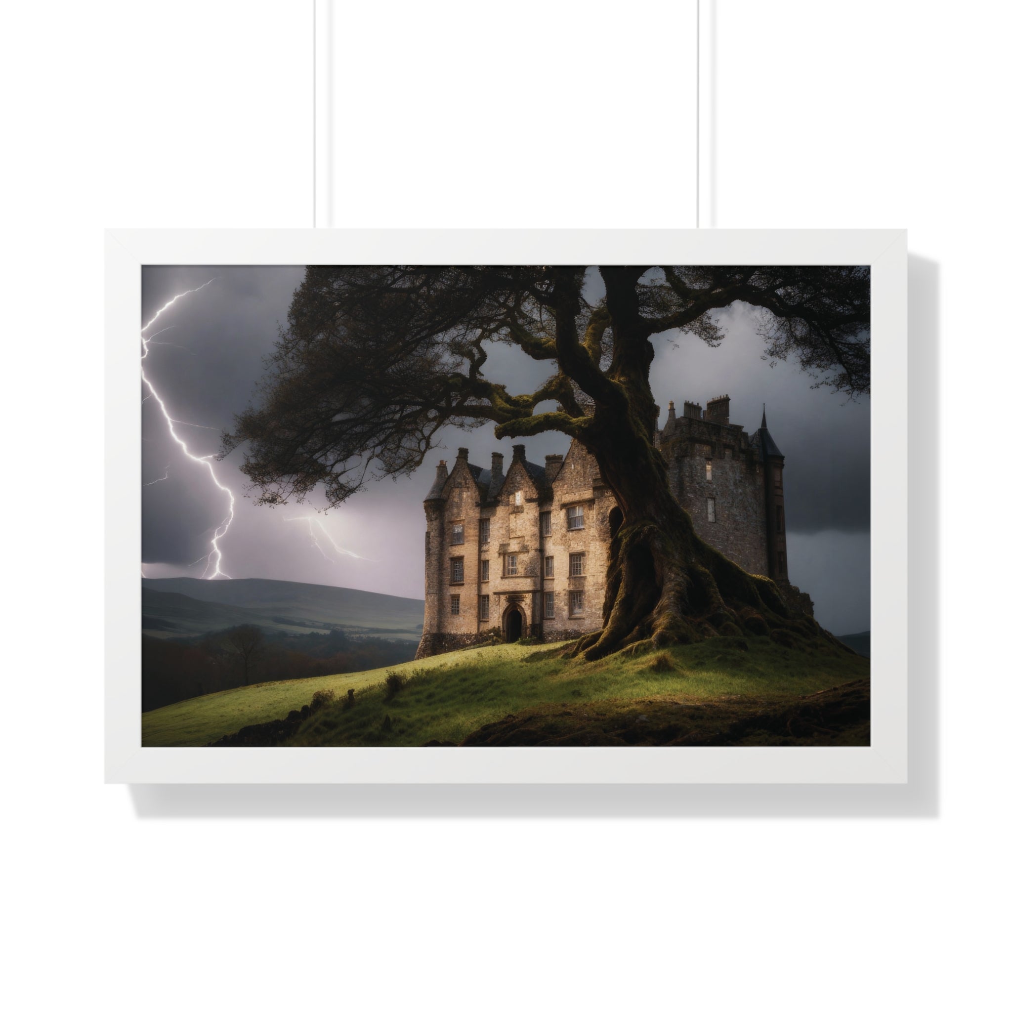 Haunted Scottish Castle Wall Art – Lightning Storm & Ancient Tree Landscape Print