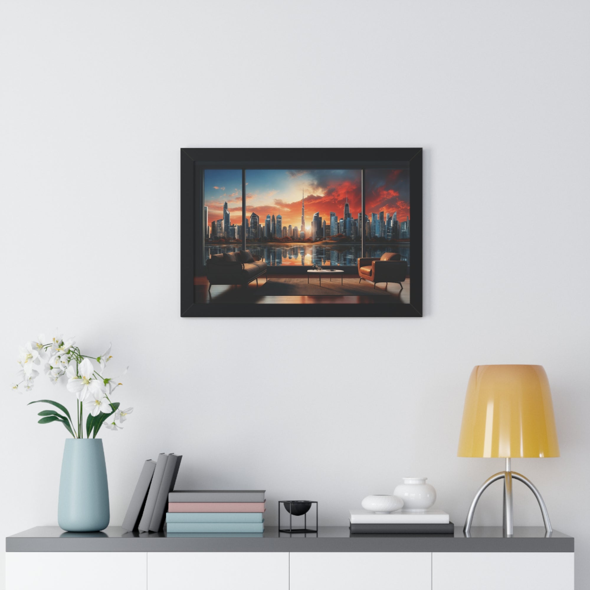 Framed Luxury City View – Modern Living Room Wall Art with Skyline Sunset Reflection