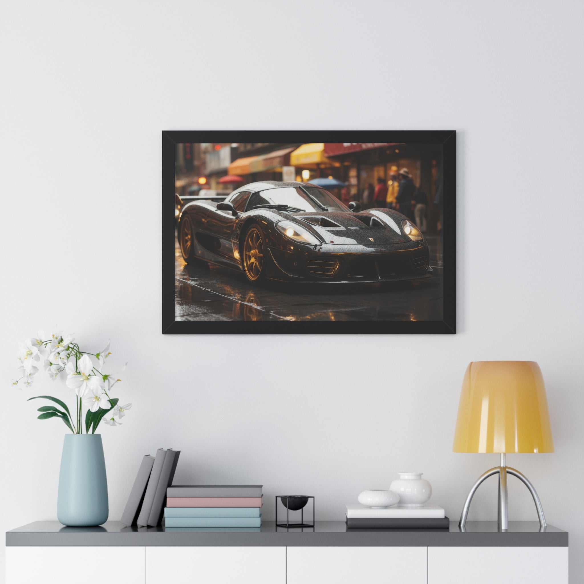 Exotic Black Ferrari F50 Framed Horizontal Poster – Supercar Wall Art for Car Enthusiasts